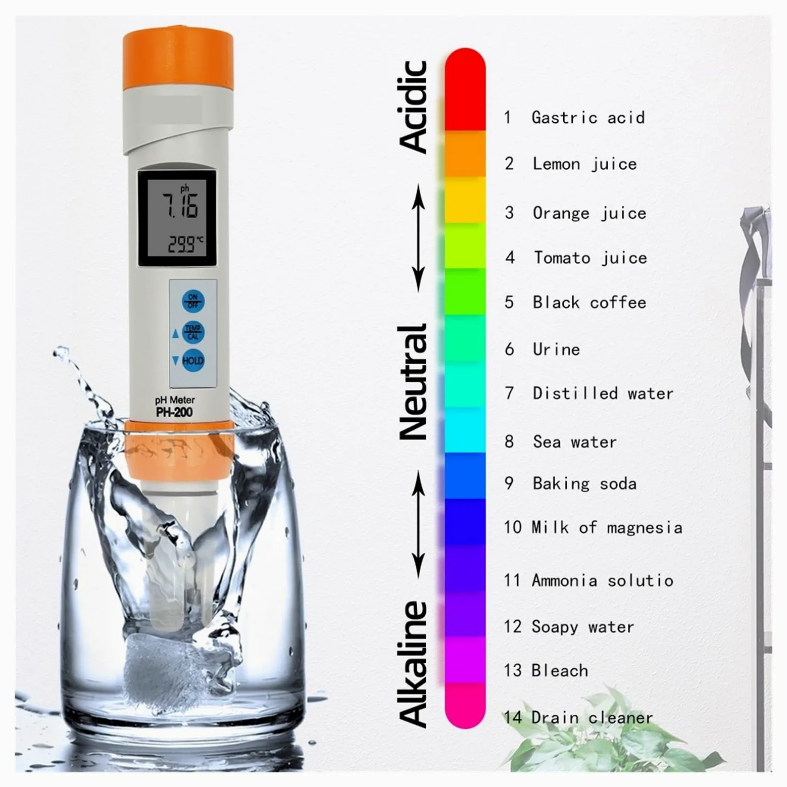 Medidor de pH de agua, Medidor de PH de PH-200 Digital COM-100 medidor de temperatura EC TDS con función de calibración automática probador de pluma de calidad del agua PH(HM COM-100)