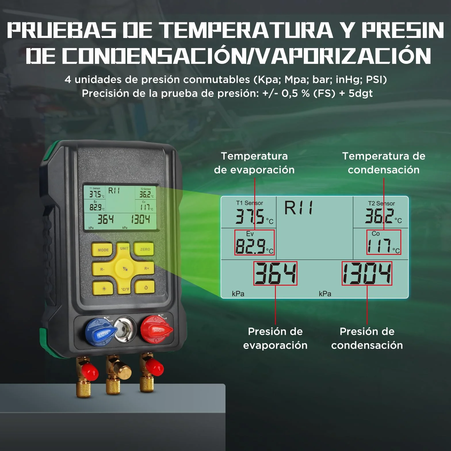 KAISAL Digital Manómetro de Aire Acondicionado Maquina Carga Aire Acondicionado para 93 Refrigerantes R410a R32 R22 R1234YF HAVC Recargardor Manómetro