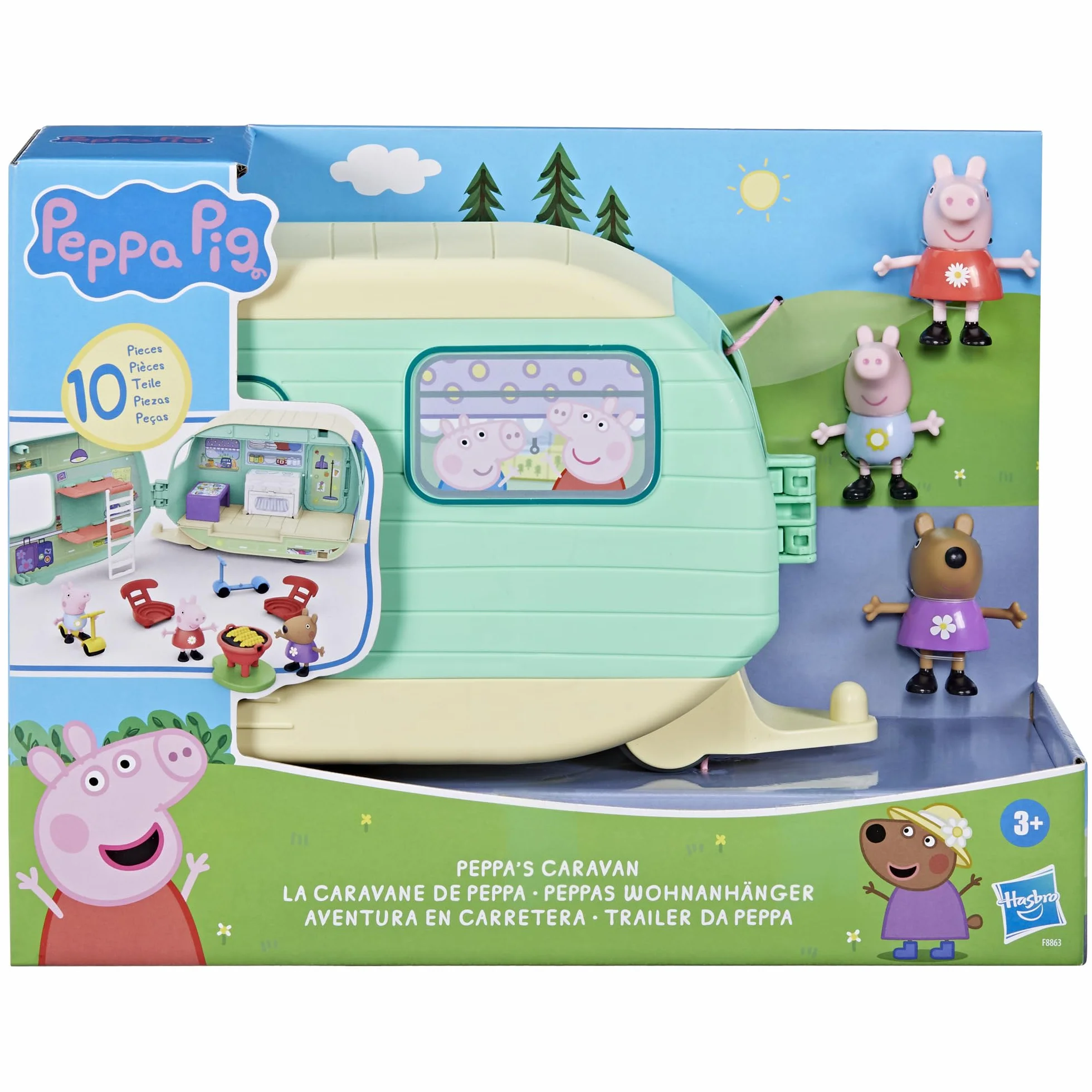 Peppa Pig Set de Juego Aventura en Carretera Caravana de Juguete con 3 Figuras Peppa George y Birgit para Niños 3 Años o Más