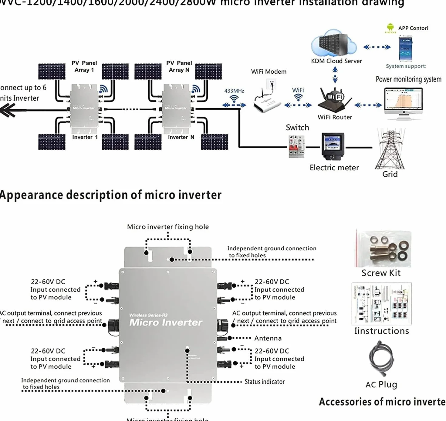 Inversor conexión a Red 1200/1600/2000/2400/2800 W, inversor MPPT Solar, con Control aplicación WiFi, conexión a Red Solar microinversor identificación automática a Prueba Agua