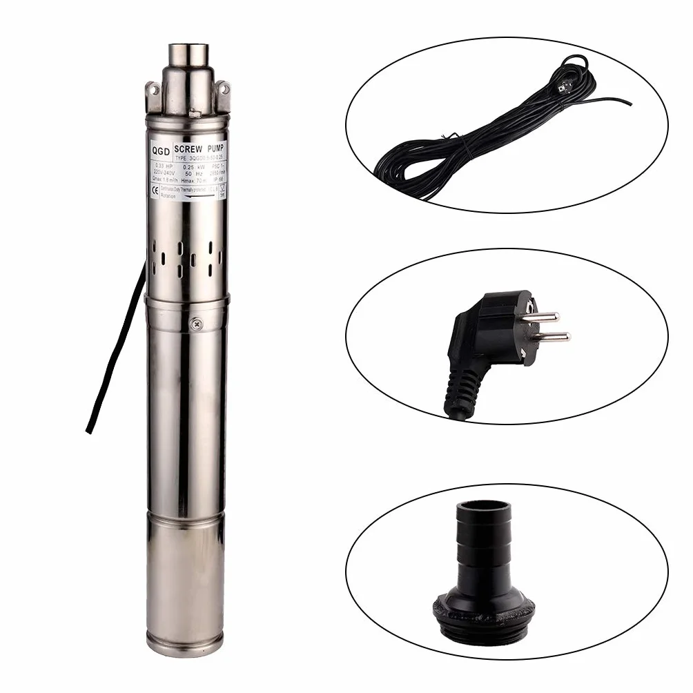 Bomba de Agua Pozo 250W 0.33HP Bomba Sumergible Para Pozos de 70M Bomba de Pozo Profundidad 1800L/H con Hélice,Para Usodoméstico Industrial y La Agricultura