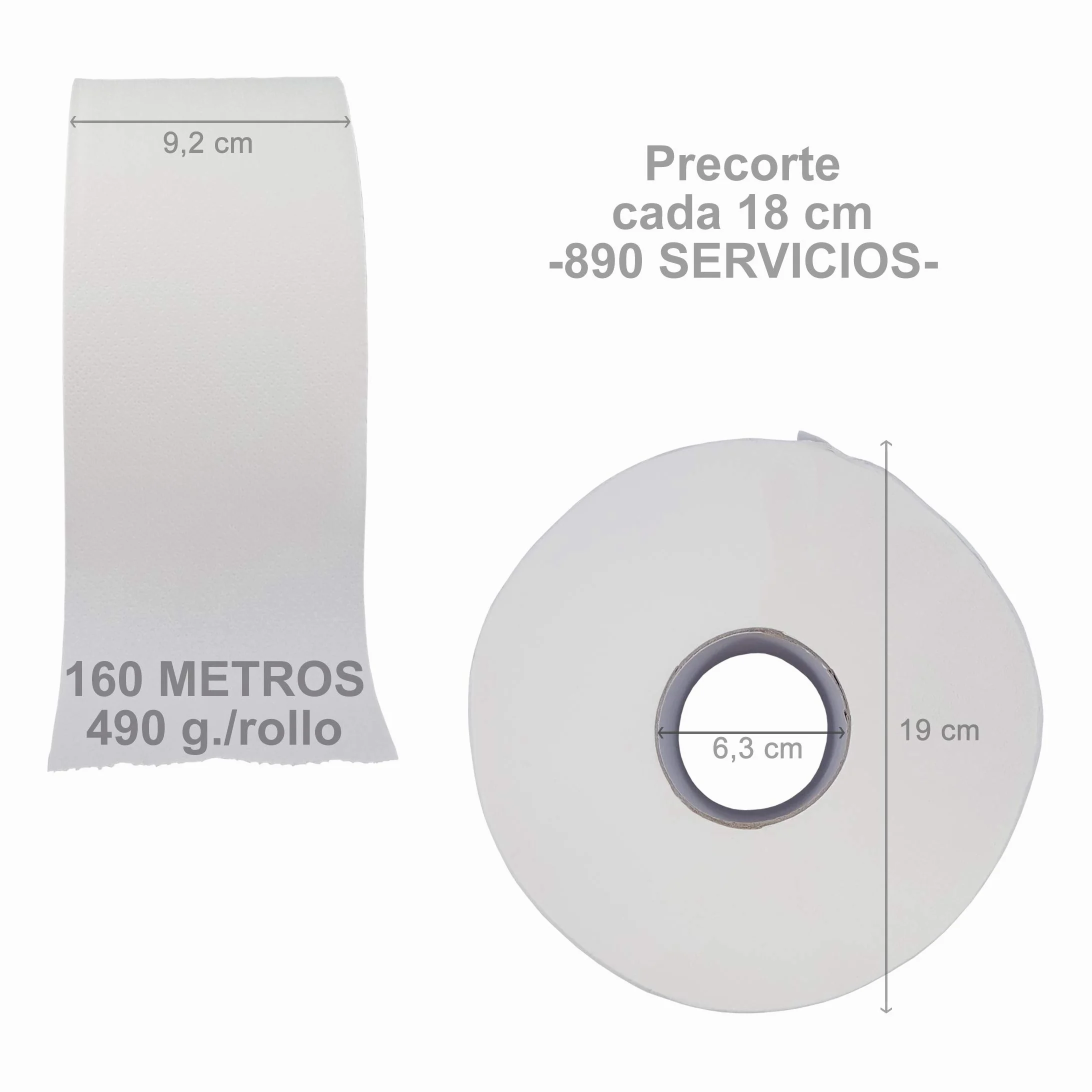 Papel Higiénico Industrial. Rollo de 160 metros y 490 gramos. Doble Capa con precorte Gofrado. Caja 12 unidades.