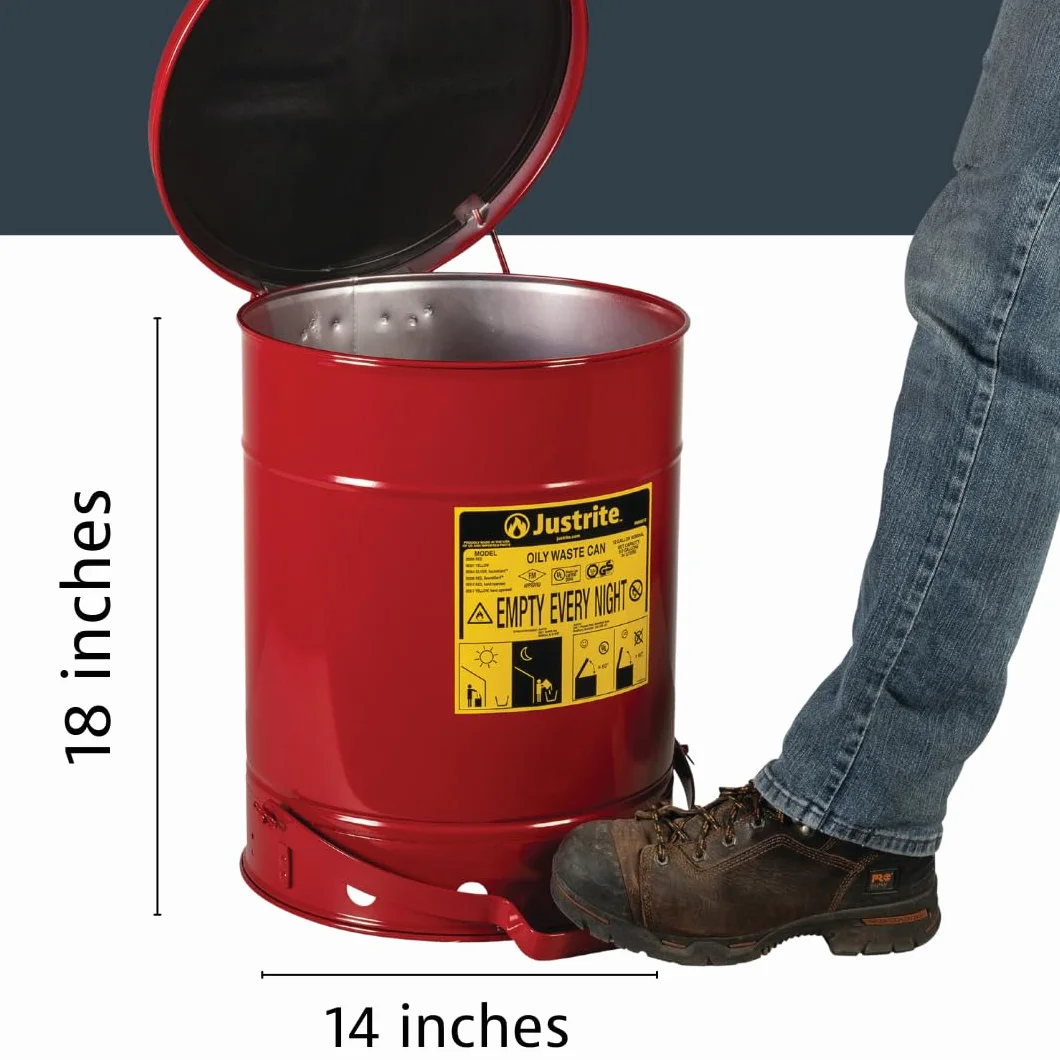 Justrite SoundGuard - Cubo de basura de acero con tapa con control de pie (38 L), color rojo