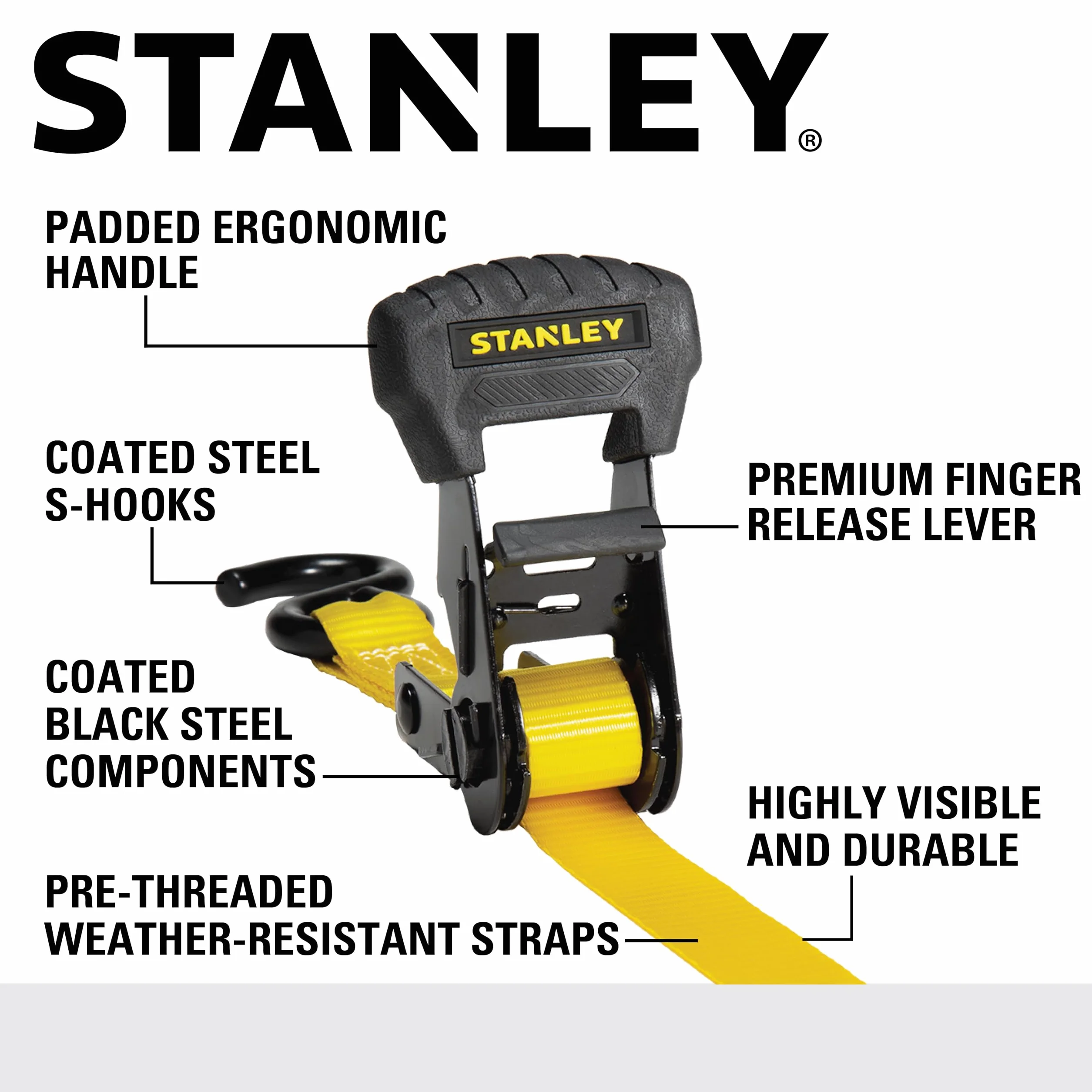 STANLEY S10204 Correas de trinquete preroscadas 1.25 Pulgadas x 16 pies Carga de Trabajo Segura 1 Libra Paquete de 4