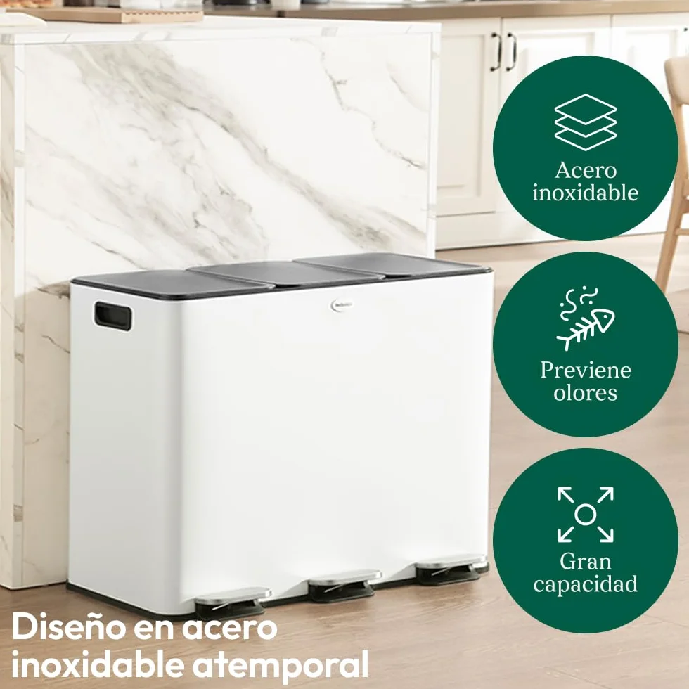 CASABEL Cubos de Basura de Reciclaje 60 L, Sistema de Basura Reciclaje 3 x 20 L Acero Inoxidable, Cubo con Pedal, Antihuellas y Antiolores, blanco