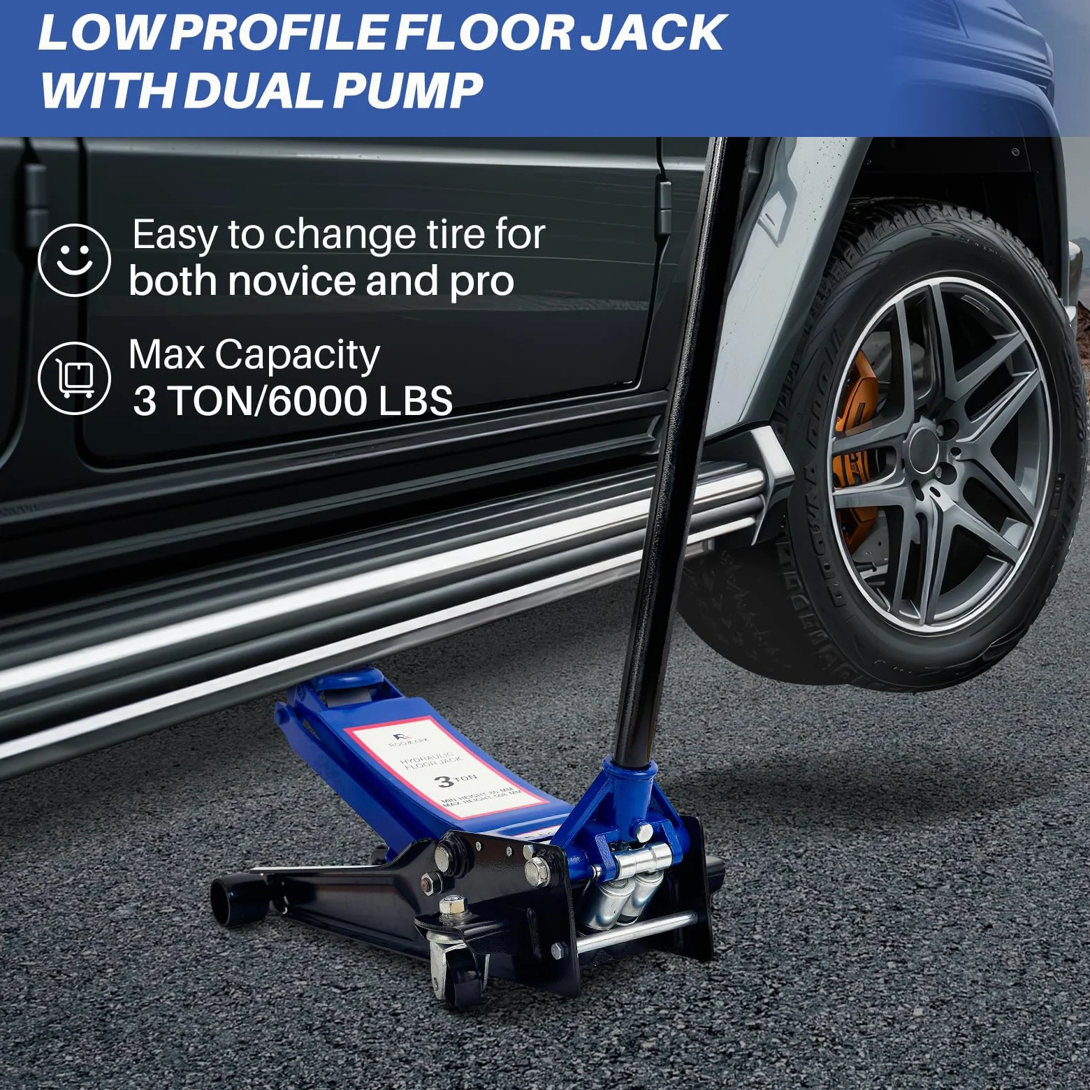 3 toneladas de Doble Bomba de Jack de Aterrizaje hidráulico para elevación rápida de automóviles, Jack de Servicio de Perfil bajo, Rango de elevación de 8-51cm de Capacidad de 3 toneladas