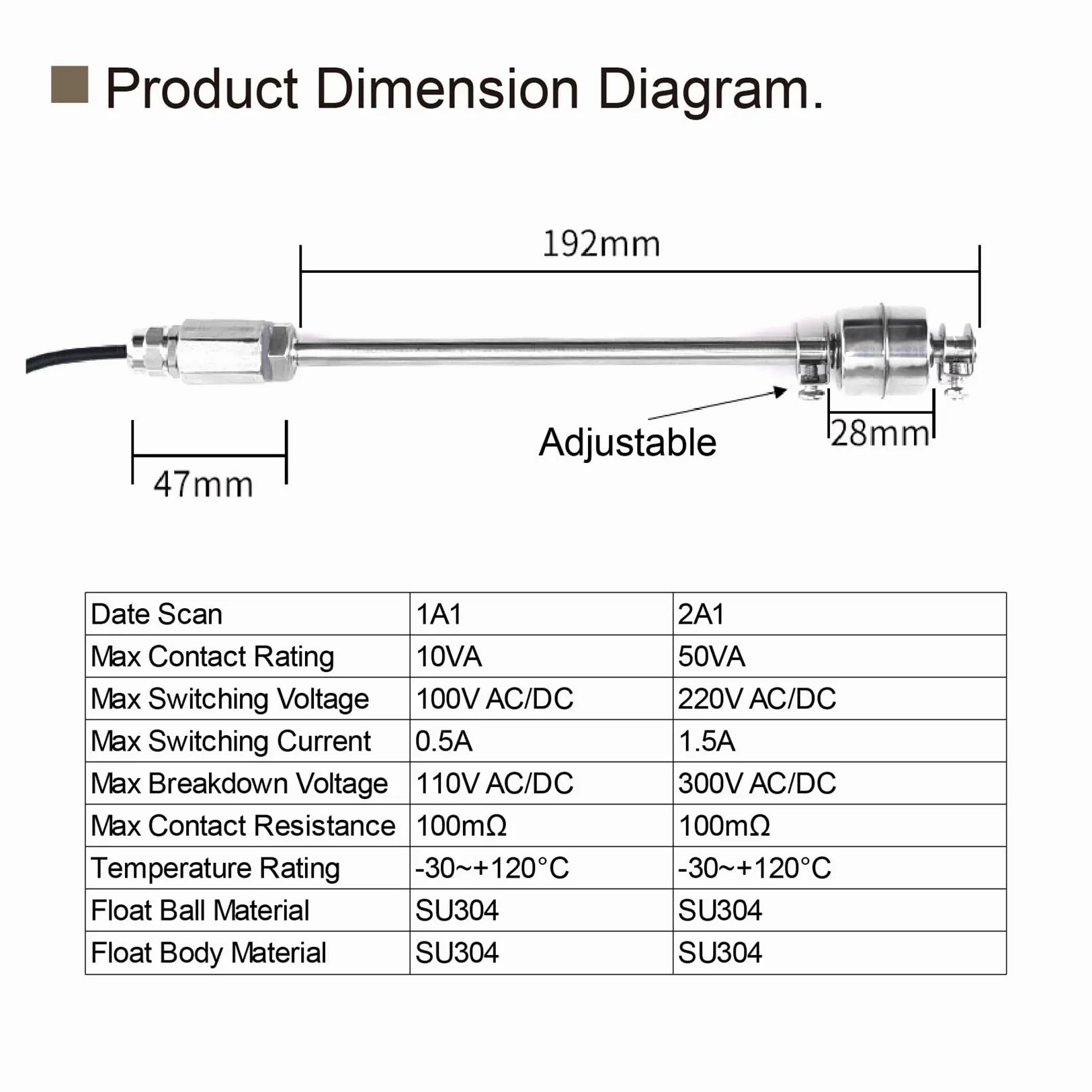 Controlador de líquido del Sensor de nivel de agua del interruptor de flotador ajustable de acero inoxidable 304(Single-ball-400mm)