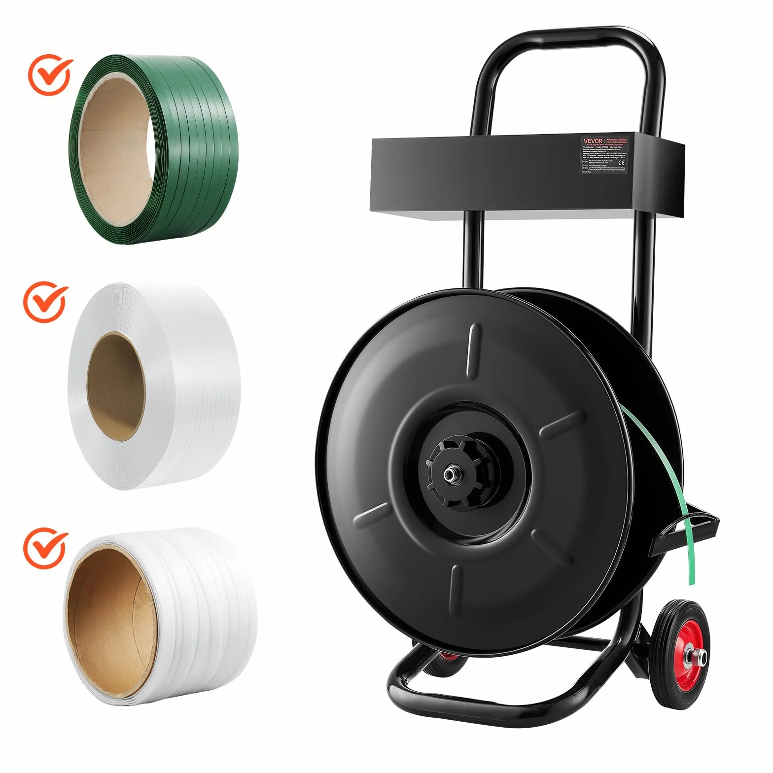 VEVOR Dispensador de Flejado, para Rollos de Flejado de PET/PP/Poliéster con Un Tamaño de Núcleo de 203 mm, con Sistema de Frenado Mejorado, Amplio Almacenamiento Integrado para Herramientas