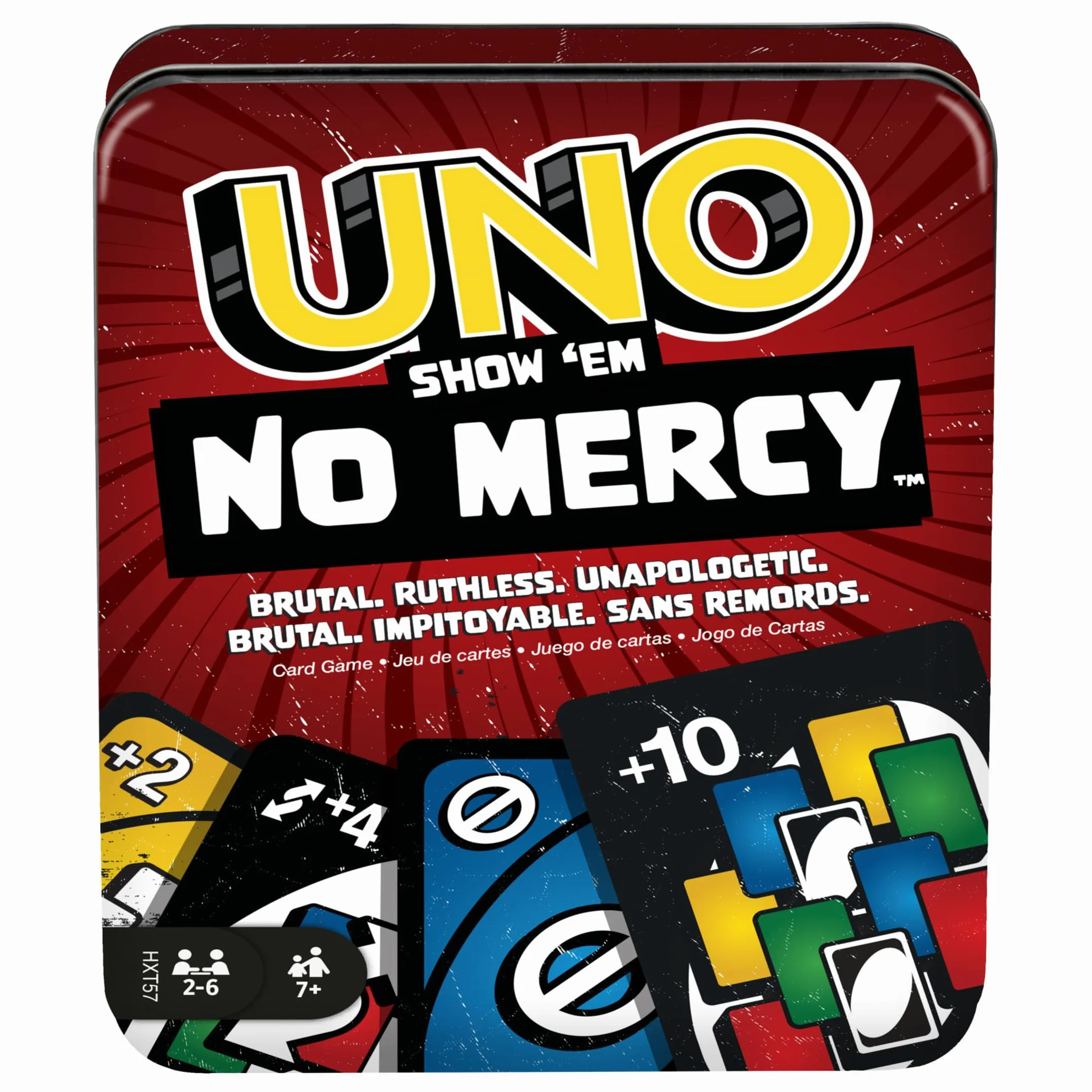 Mattel Games UNO No Mercy Juego de Cartas con Cartas adicionales Reglas Especiales Caja de Metal +7 años