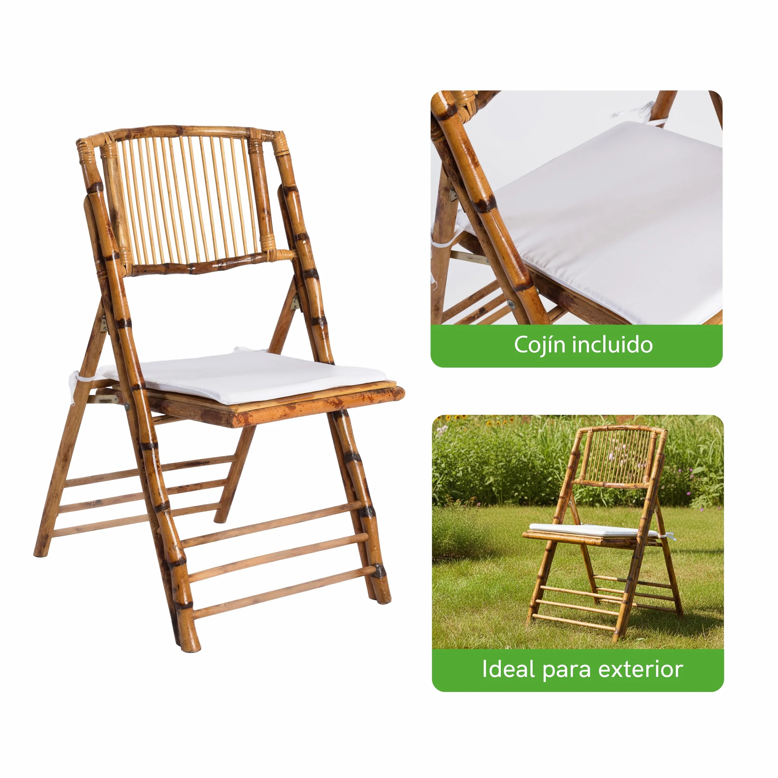 Silla de Madera de Bambú Plegable con Cojín Incluido para Jardín, Hostelería y Eventos. Certificado de Calidad y Diseño Ligero para Catering al Aire Libre. (8)