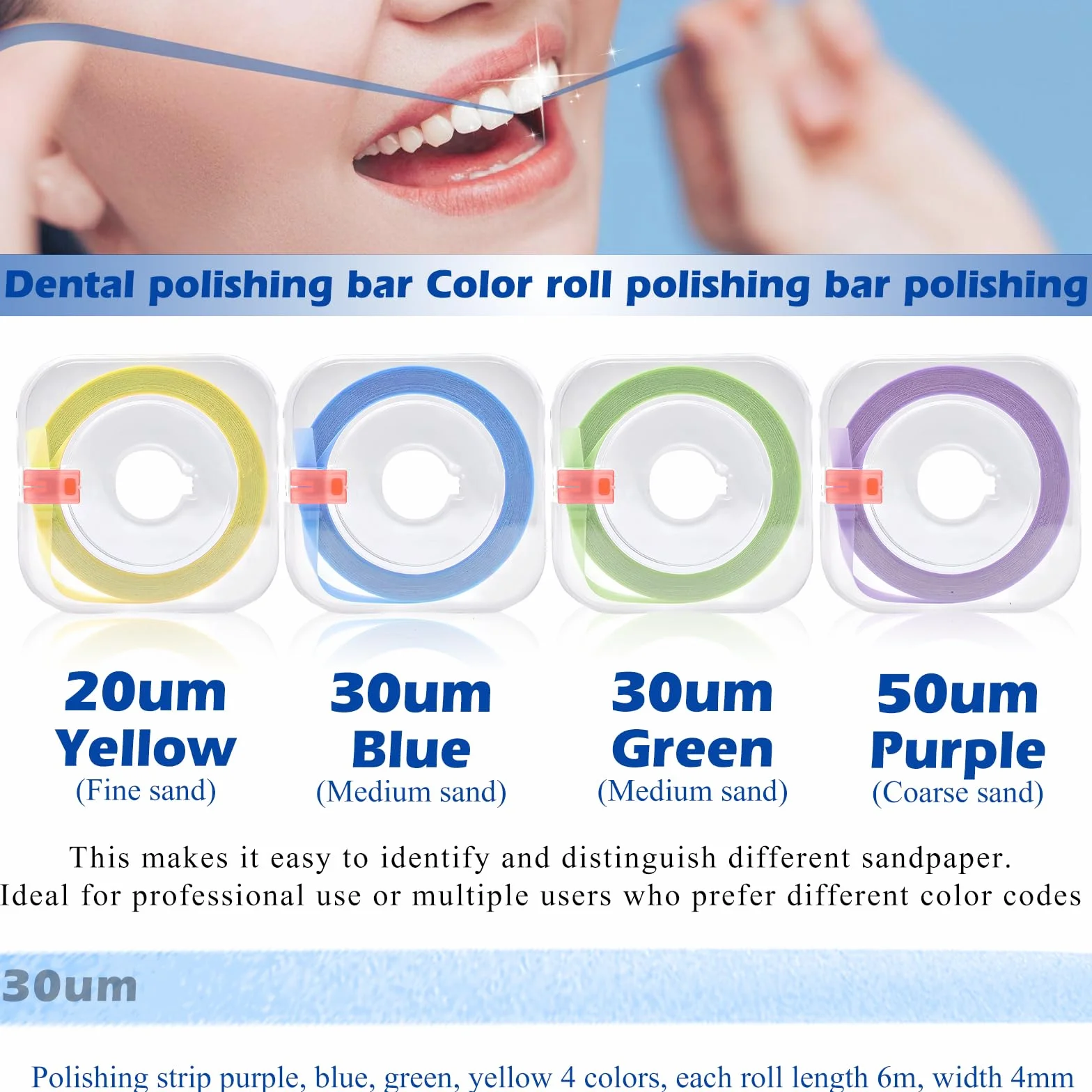 Juego de 4 rollos de papel de lija dental: tiras de pulido dentales portátiles, herramientas de lijado interdental para pulir dientes