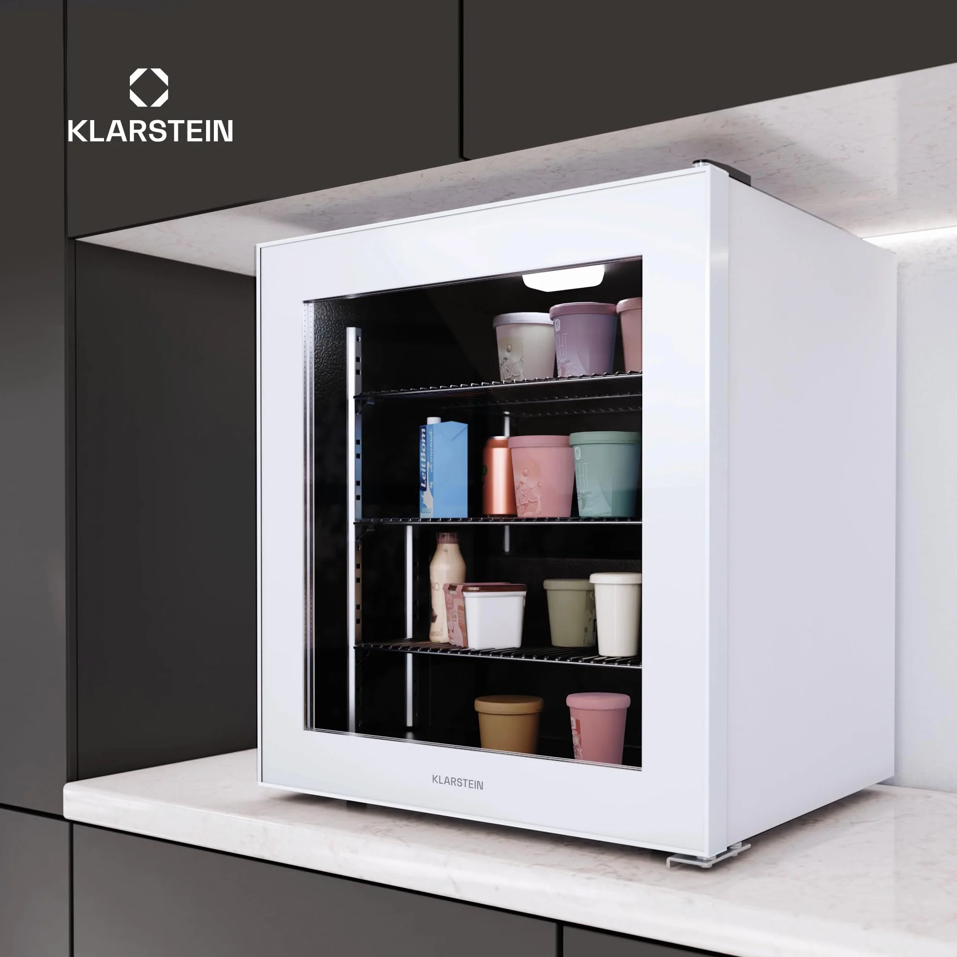 Klarstein IceAge 88 Congelador Pequeño 88L Temperatura Ajustable 0 a -18°C Puerta de Cristal Iluminación Led 3 Estantes Eficiencia Energética E Blanco