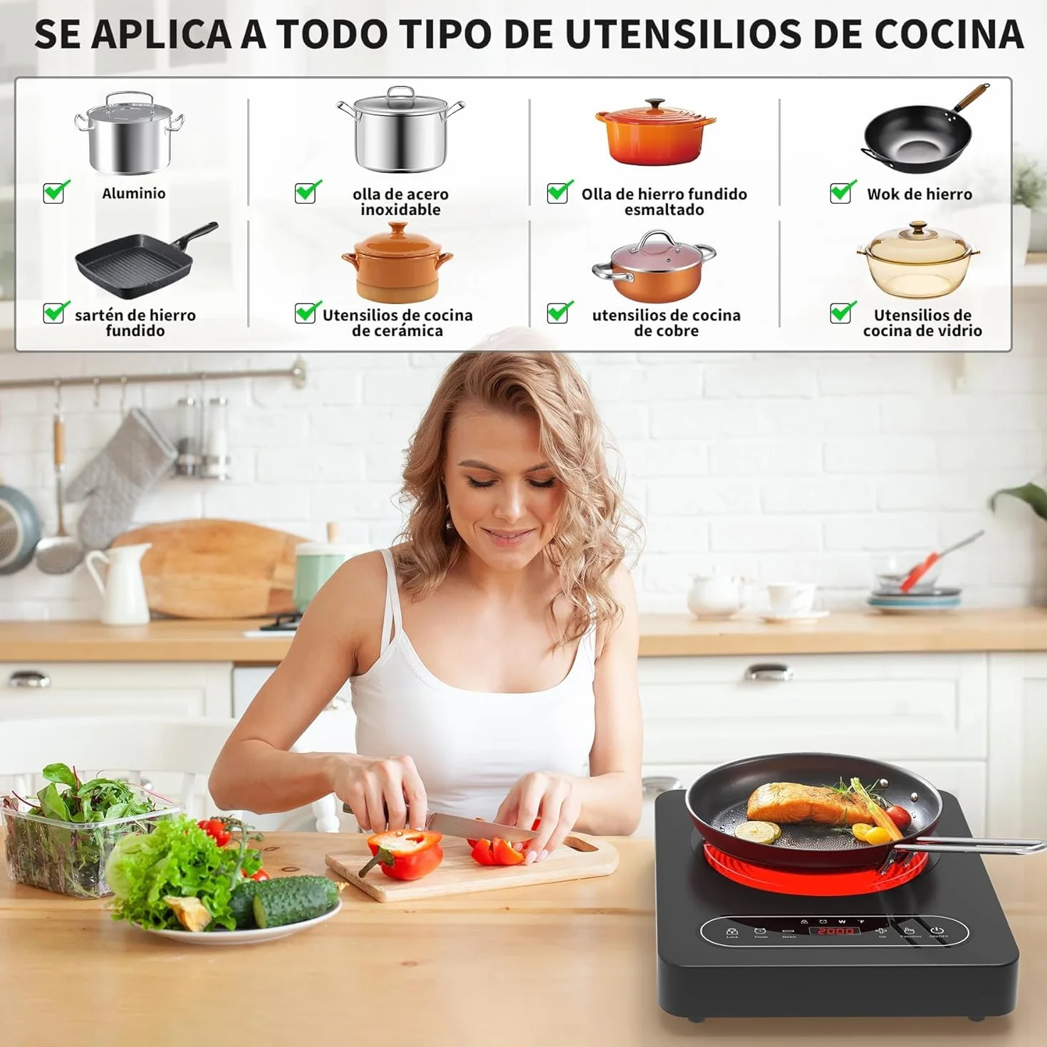 Placa Vitrocerámica Portátil 2000W 10 Niveles Temporizador 220V~240V Bloqueo Seguridad Controles Táctiles