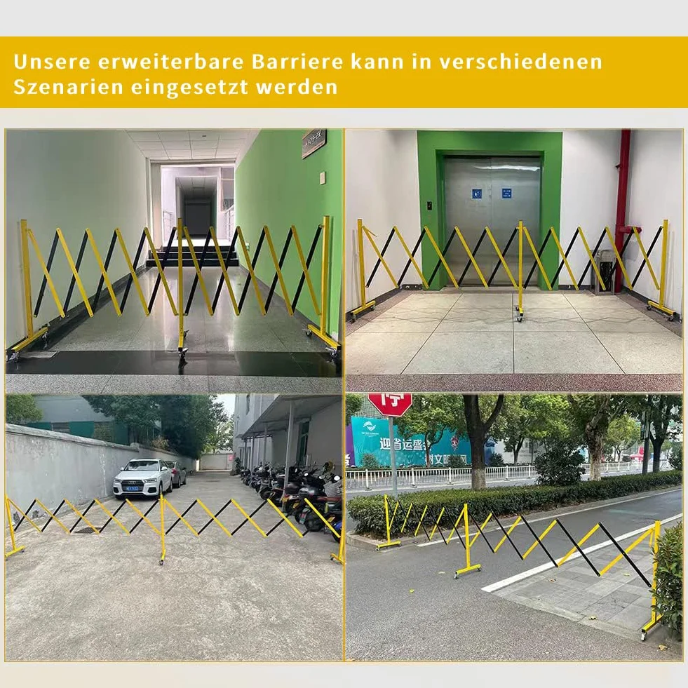 Barricada de metal expandible industrial de 5 metros, barrera de seguridad fácil de instalar con ruedas, barrera móvil flexible, valla de tráfico ajustable
