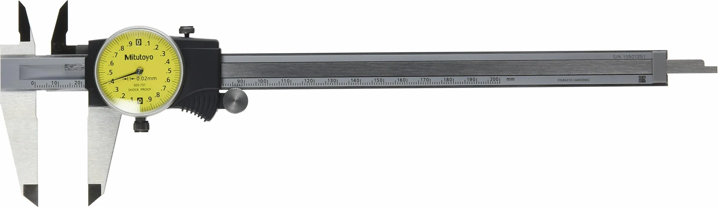 Mitutoyo 505-731 - Calibre de la esfera, acero inoxidable, cara amarilla, rango de 0-200 mm, precisión de +/-0,03 mm, resolución de 0,02 mm