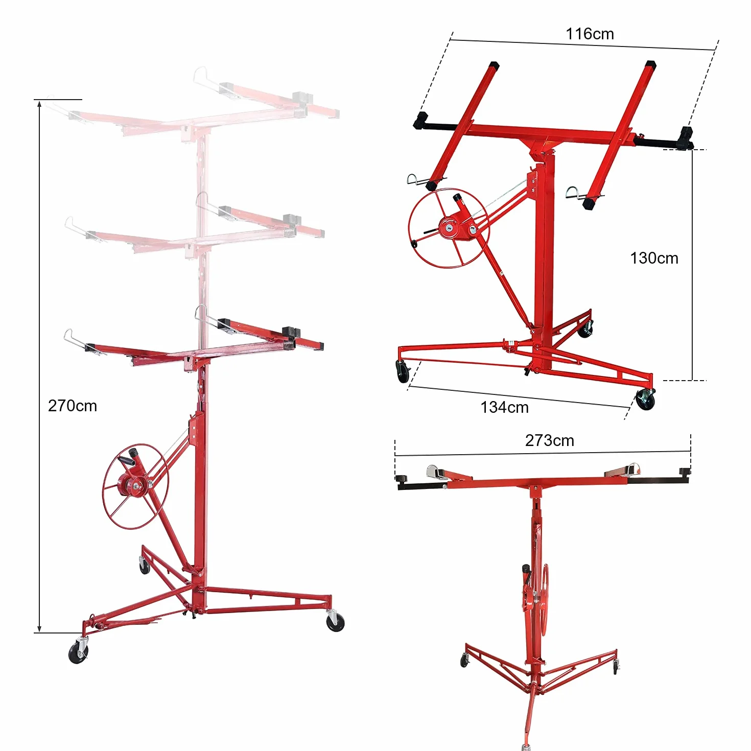 Herrselsam - Elevador de placas plegable XXL, 140 cm-350 cm de altura de trabajo, ajustable en altura, 68 kg de carga máxima, 290 cm de brazo de carga para placas de yeso