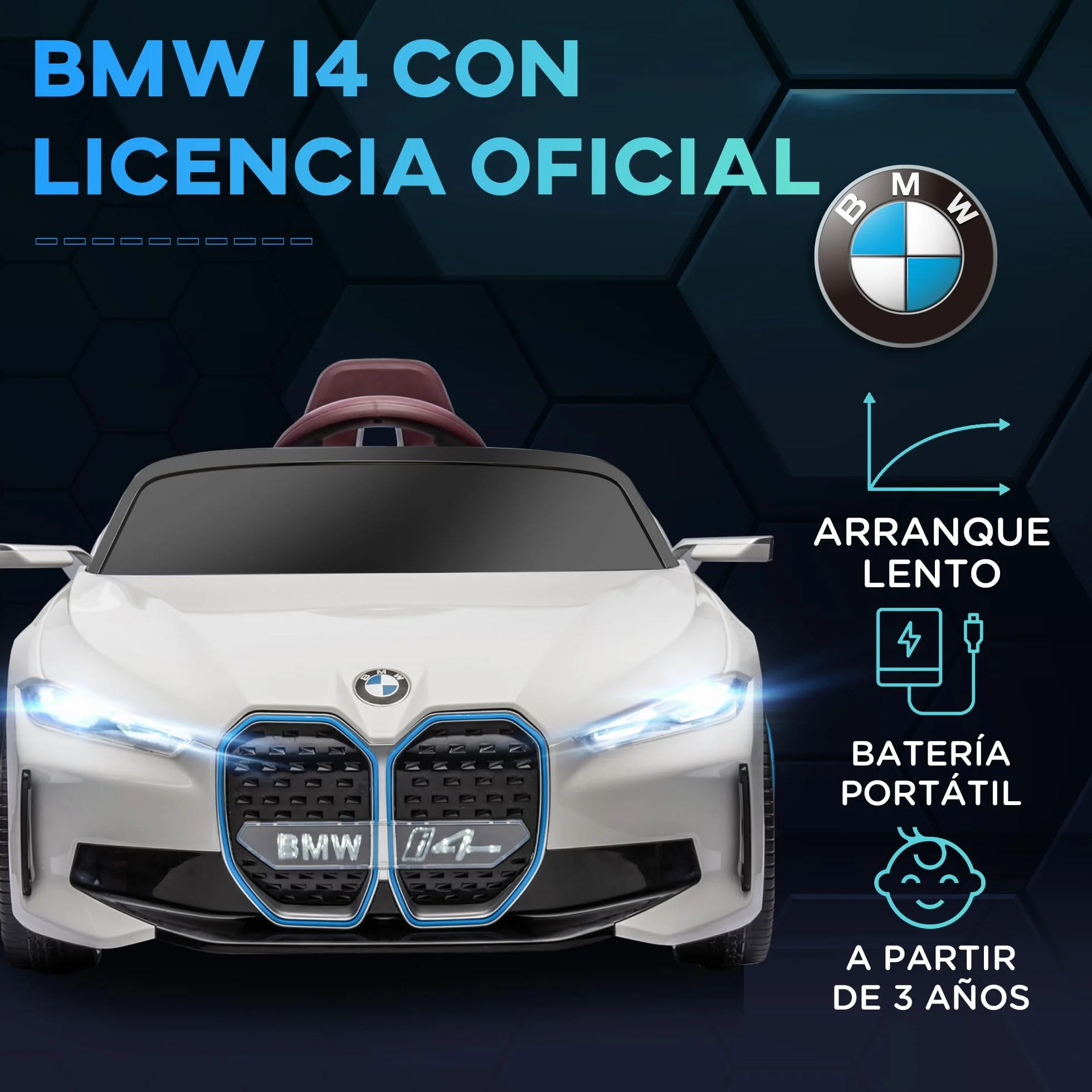 HOMCOM Coche Eléctrico para Niños BMW I4 12V con Control Remoto Música MP3 Pantalla Luces 115x67x45 cm Blanco