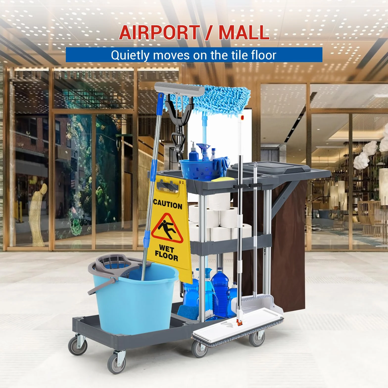 Carro de Limpieza Comercial,Carro Limpieza Profesional para Hoteles y Hospitales con Estantes, Carro de Servicio con 6 Ruedas y Bolsa de Vinilo para Oficina y Hotel, Capacidad de 300 LB