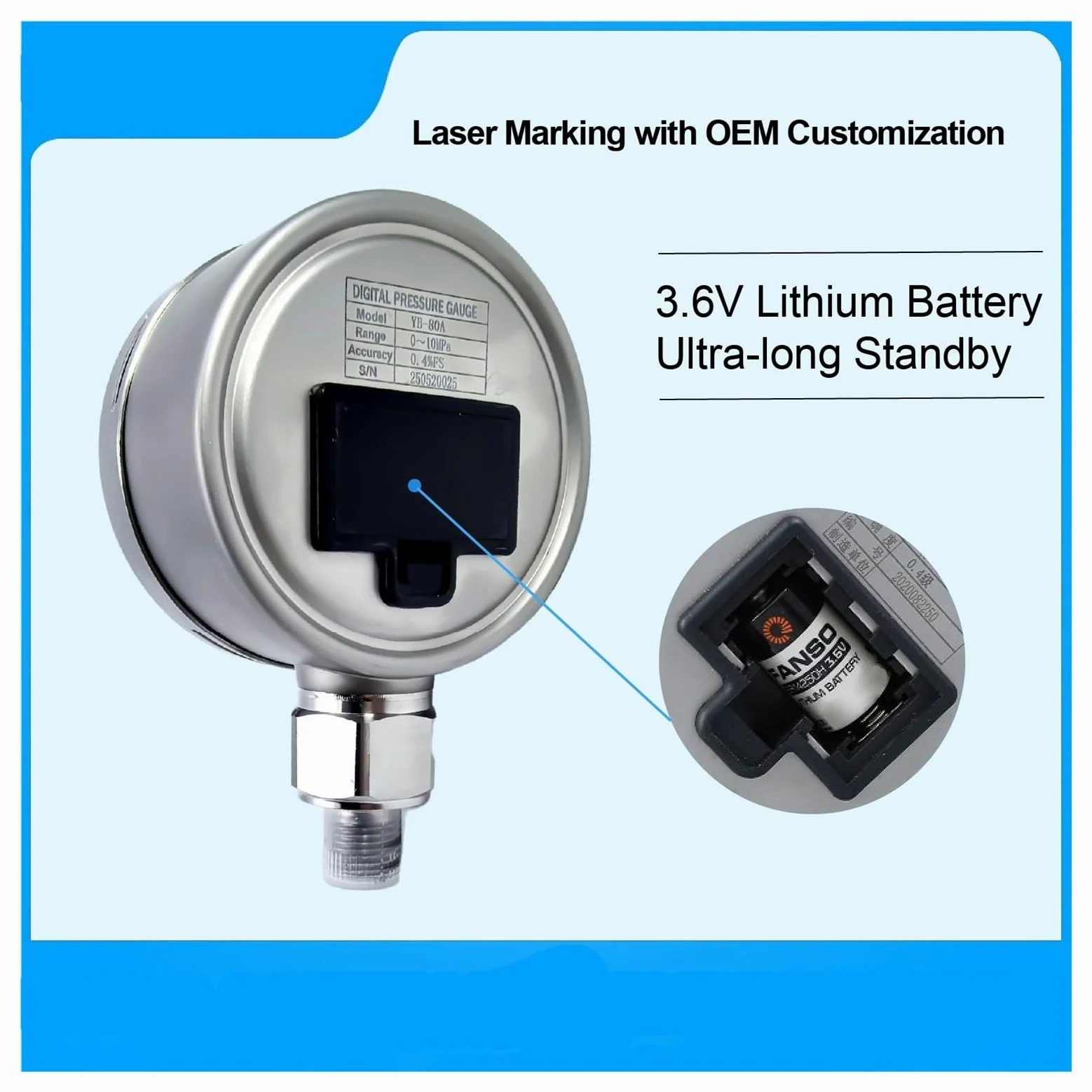 Manómetro Digital de presión YB80A, manómetro vacío precisión, Pantalla Alta, Sensor Acero Inoxidable Alimentado por batería(NPT1-2,0-100kpa)