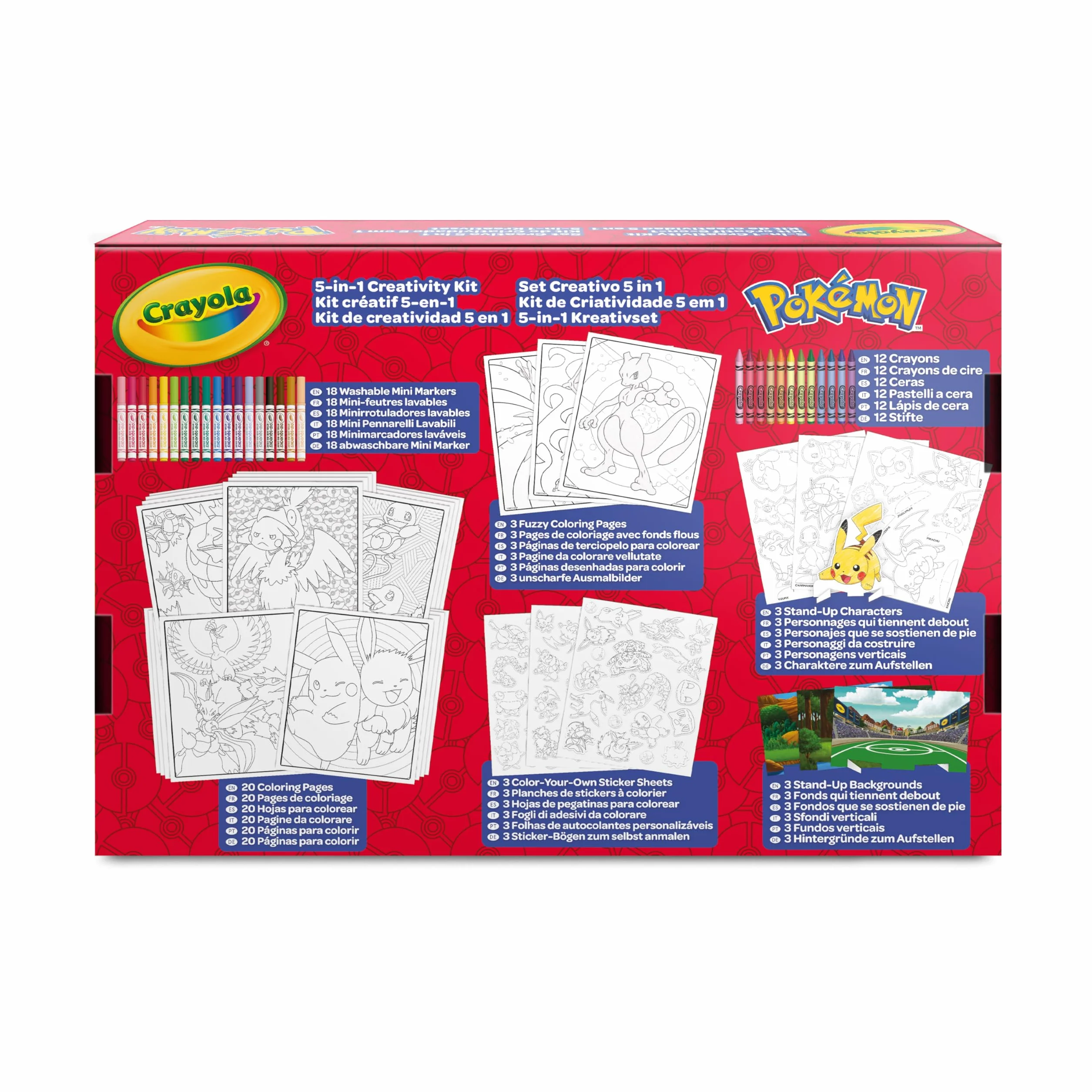 CRAYOLA Set Creativo Pokémon 5 en 1, 60 piezas, Rotuladores, Crayones, Pegatinas, Regalo niños 4+