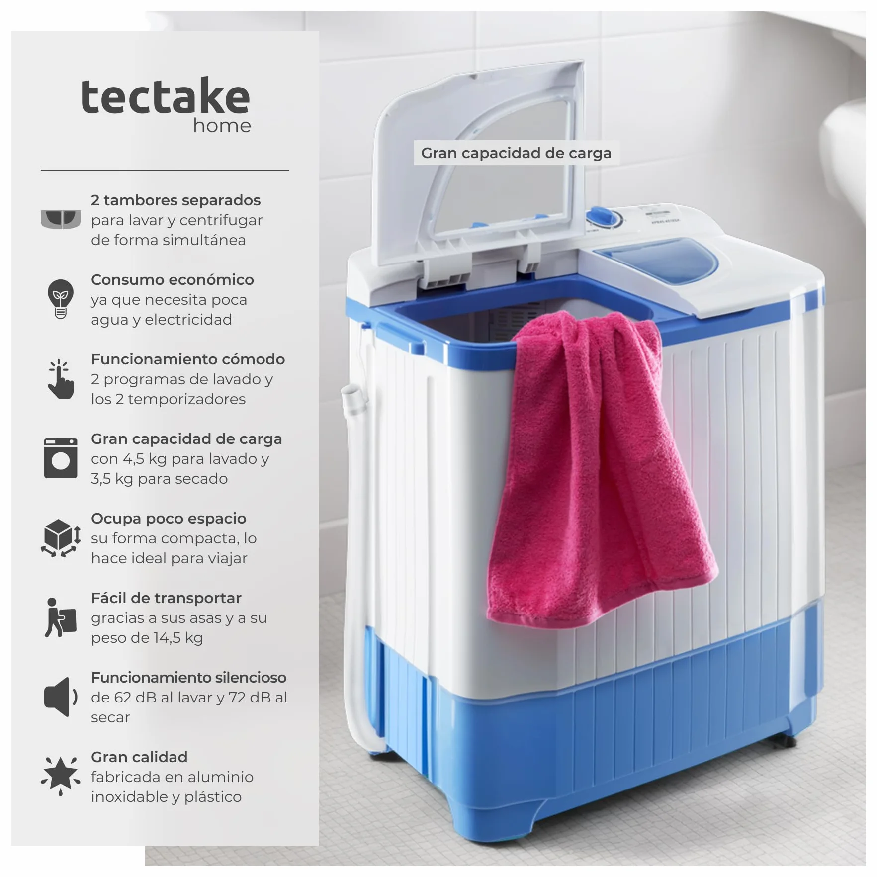Tectake Lavadora Portátil Mini 4,5kg Carga Superior Ahorro Energía Máquina Lavadora Camping Caravanas Blanco
