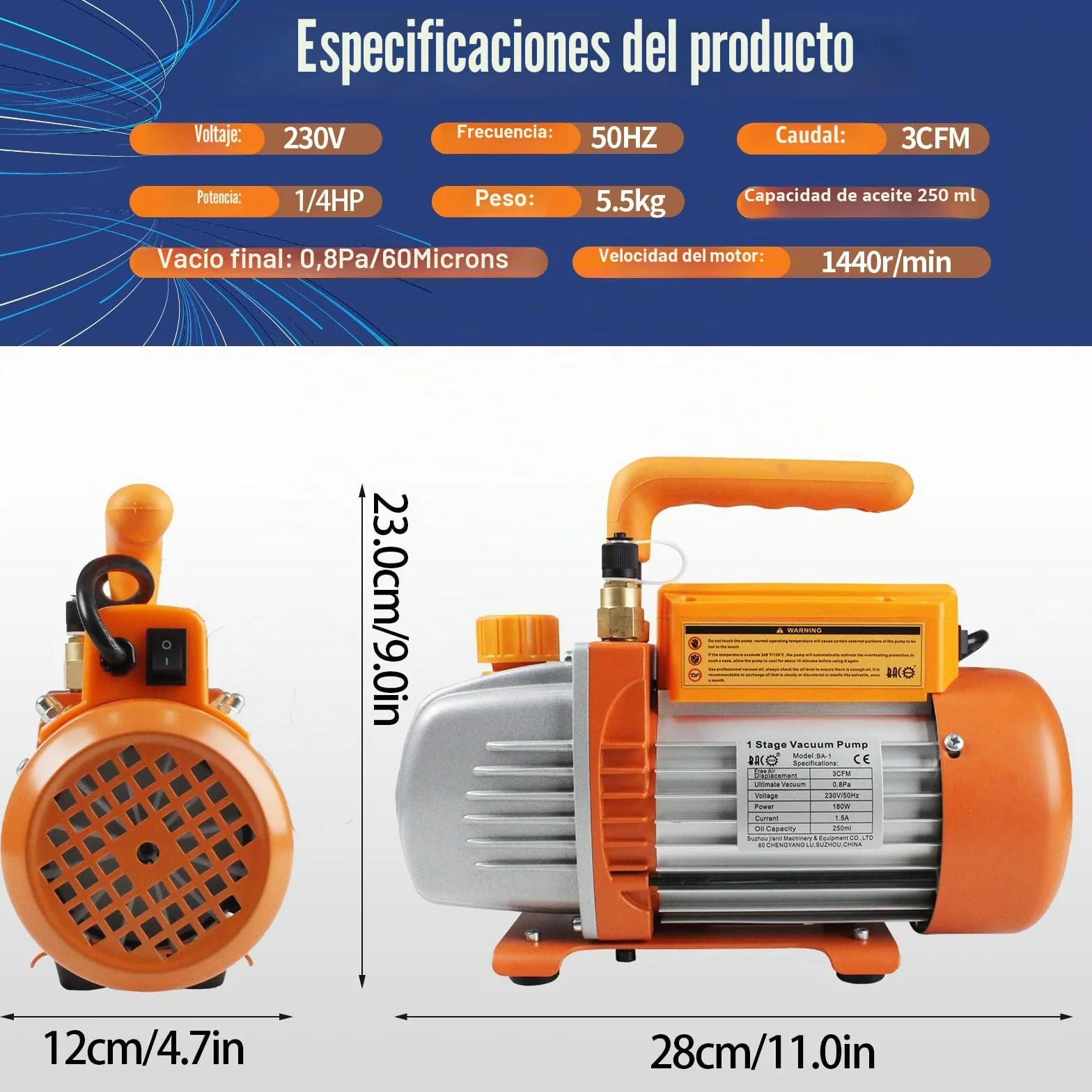 BACOENG Bomba de Vacío de Etapa Única 85 litros/min 0.8Pa 185W