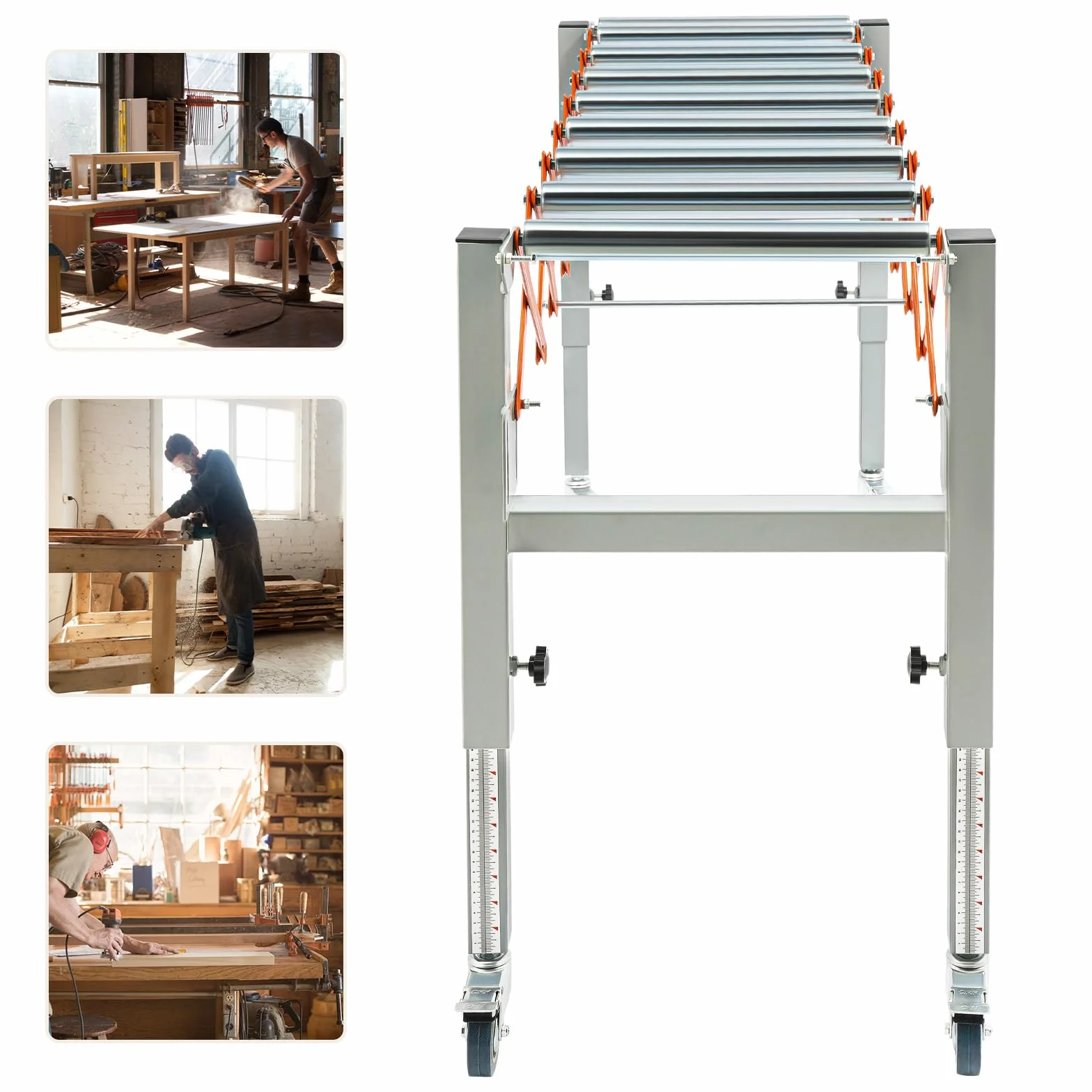 Rodillo transportador ajustable, rodillo de tijera, mesa de ruedas extensible, rodillo transportador de altura ajustable con capacidad de carga de 50 kg, mesa de ruedas de metal de 46 a 130