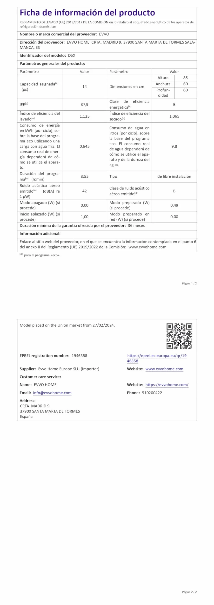 EVVO Lavavajillas 60 cm 14 Cubiertos Tercera Bandeja Eficiencia B 8 Programas D5X Inox