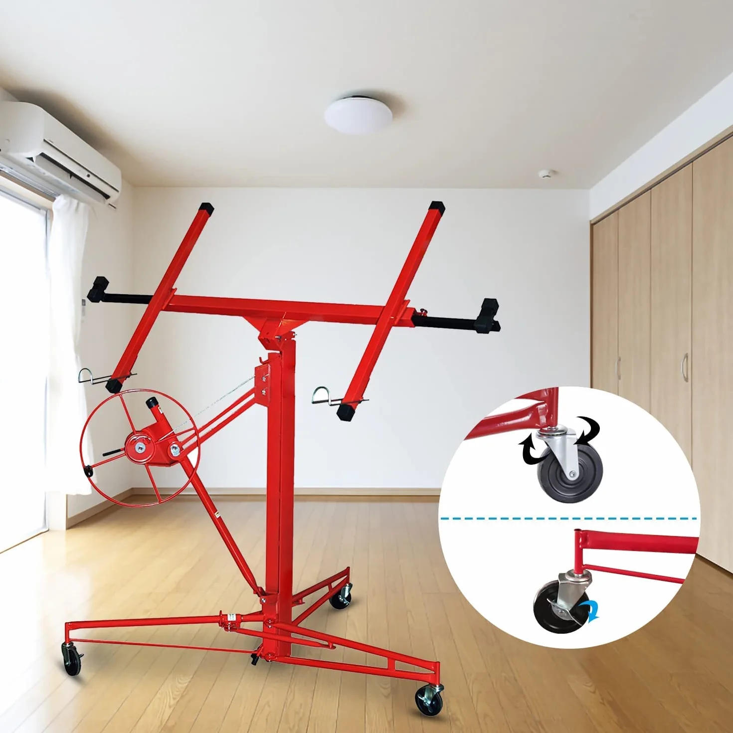 Elevador de placas plegable XXL, 140-350 cm de altura de trabajo, ajustable en altura para placas de yeso, 68 kg de carga, 290 cm de ancho máximo del brazo de carga