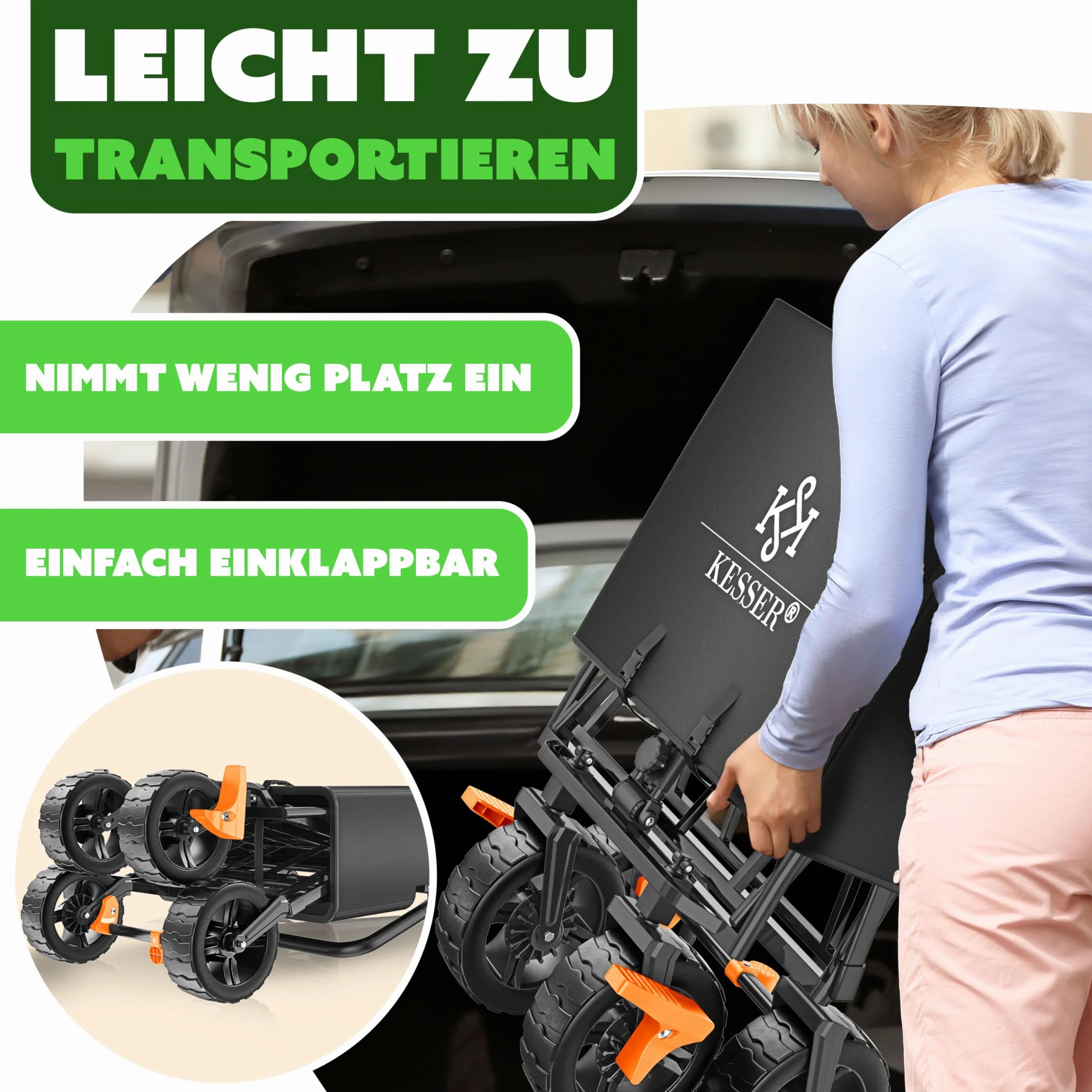 KESSER® Carro plegable GT9000 con techo | Máx. soporta 150 kg, ruedas de goma dura, frenos de estacionamiento (delantero y trasero) | Cerradura, cubierta, clima