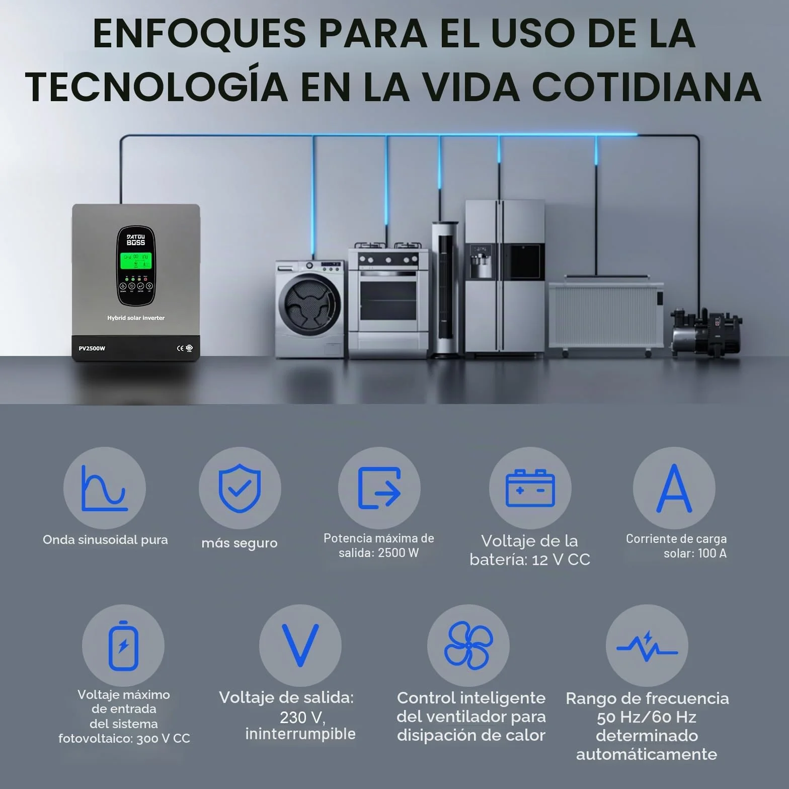 DATOUBOSS 1800W Inversor Solar Híbrido 12V, Onda Pura, Entrada fotovoltaica de 2500W,admite Funcionamiento sin batería, 100A MPPT,admite baterías de 12V.