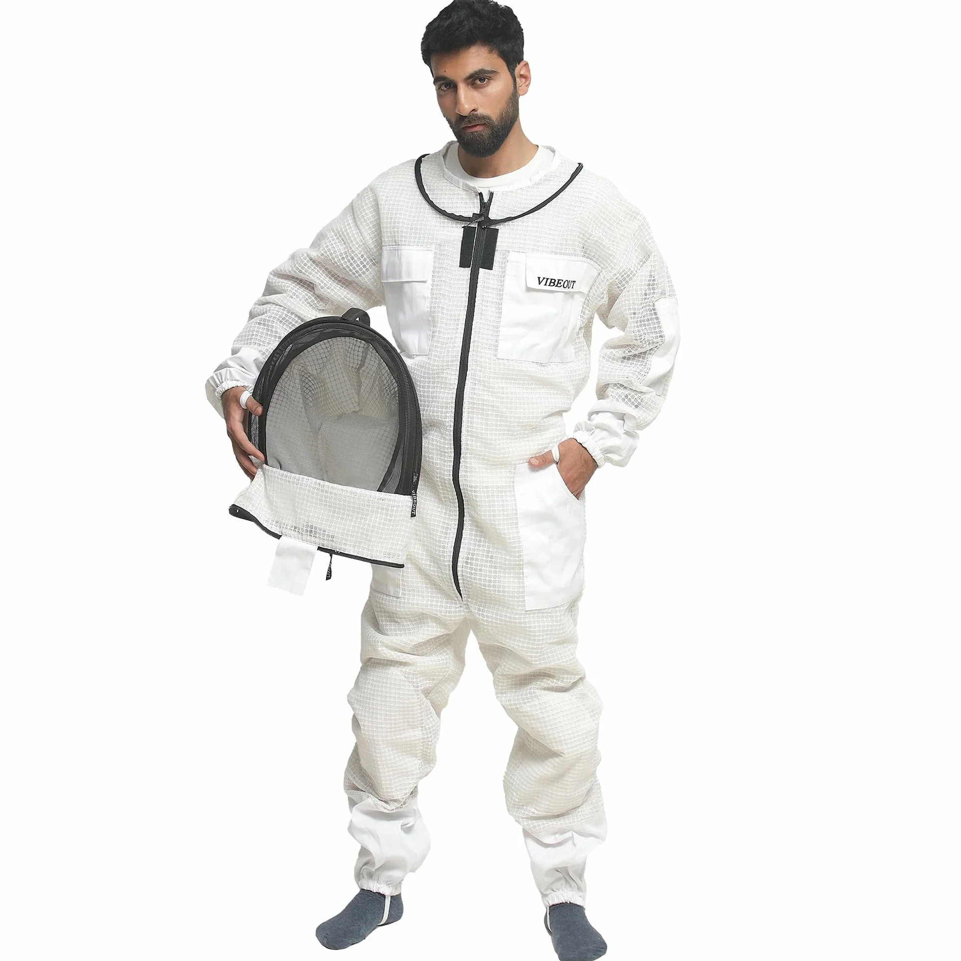 Traje de abeja Ultra ventilado 3 capas Premium Mesh Mono de apicultor Hombre Mujer Velo de esgrima Mono de apicultor anti picadura Profesional Traje de avispa Equipo de protección (Blanco, Large)