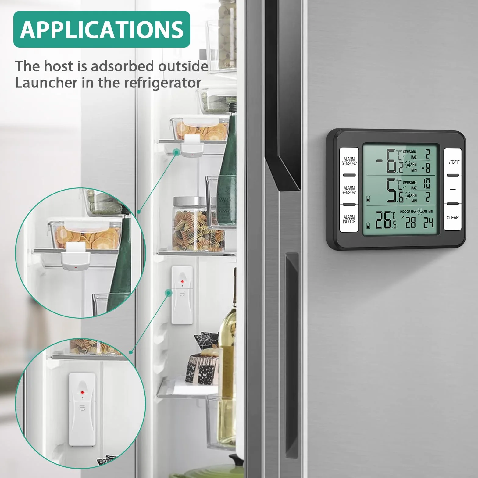 ORIA Termómetro Refrigerador Congelador Digital 2 Sensores Pantalla LCD Alarma Audible Registro Max/Min Negro