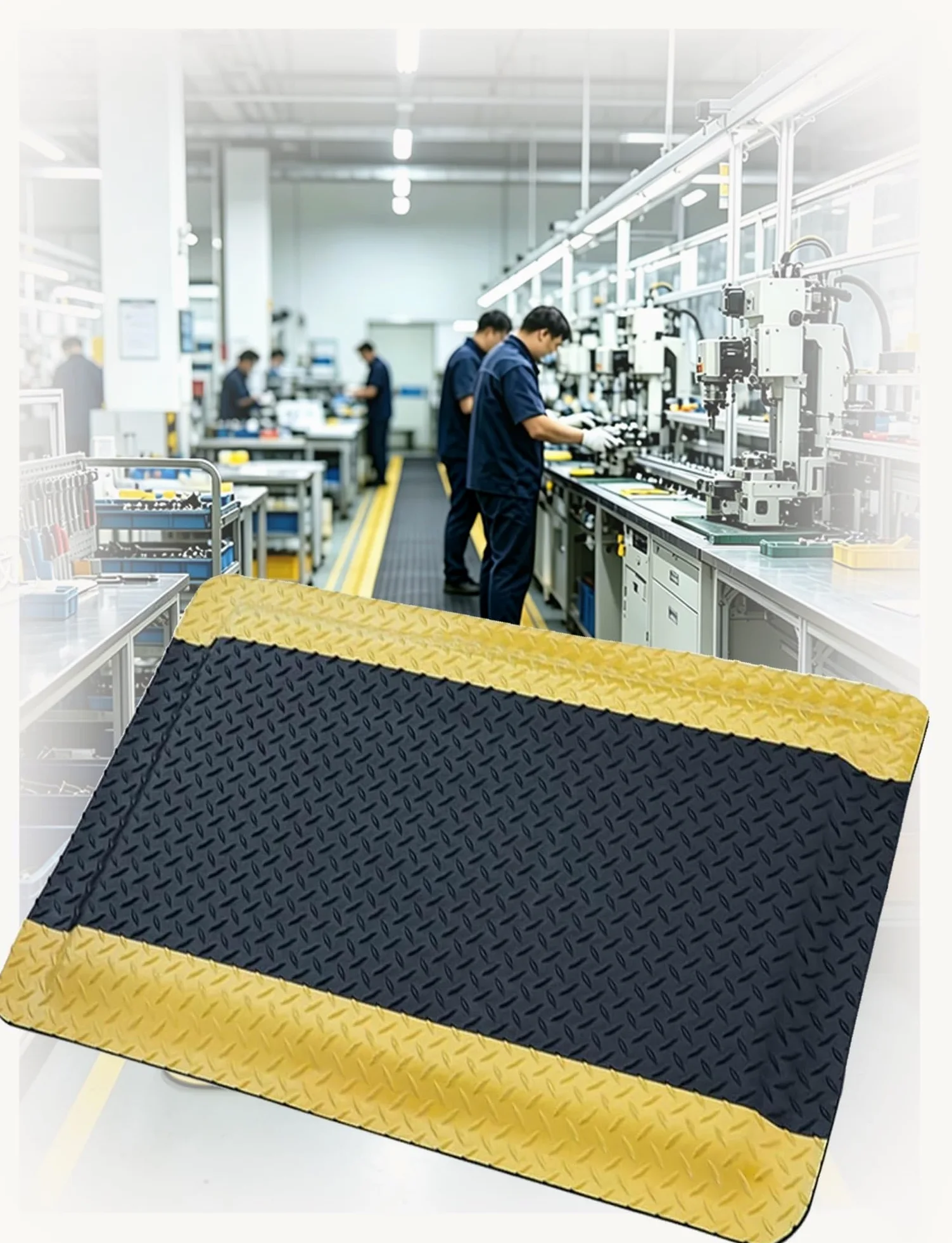 Alfombra Antifatiga para Estaciones de Trabajo, 2cm de Grosor | Espuma acolchada con borde amarillo visible para mayor comodidad en jornadas largas(Black-Yellow,70x60cm)