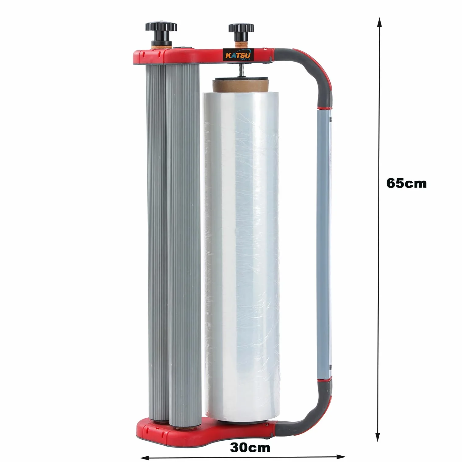 KATSU Tools Herramienta dispensadora manual de película estirable, tensión ajustable, máquina de embalaje de palés de cartón, 1 rollo de película de 3 kg incluido