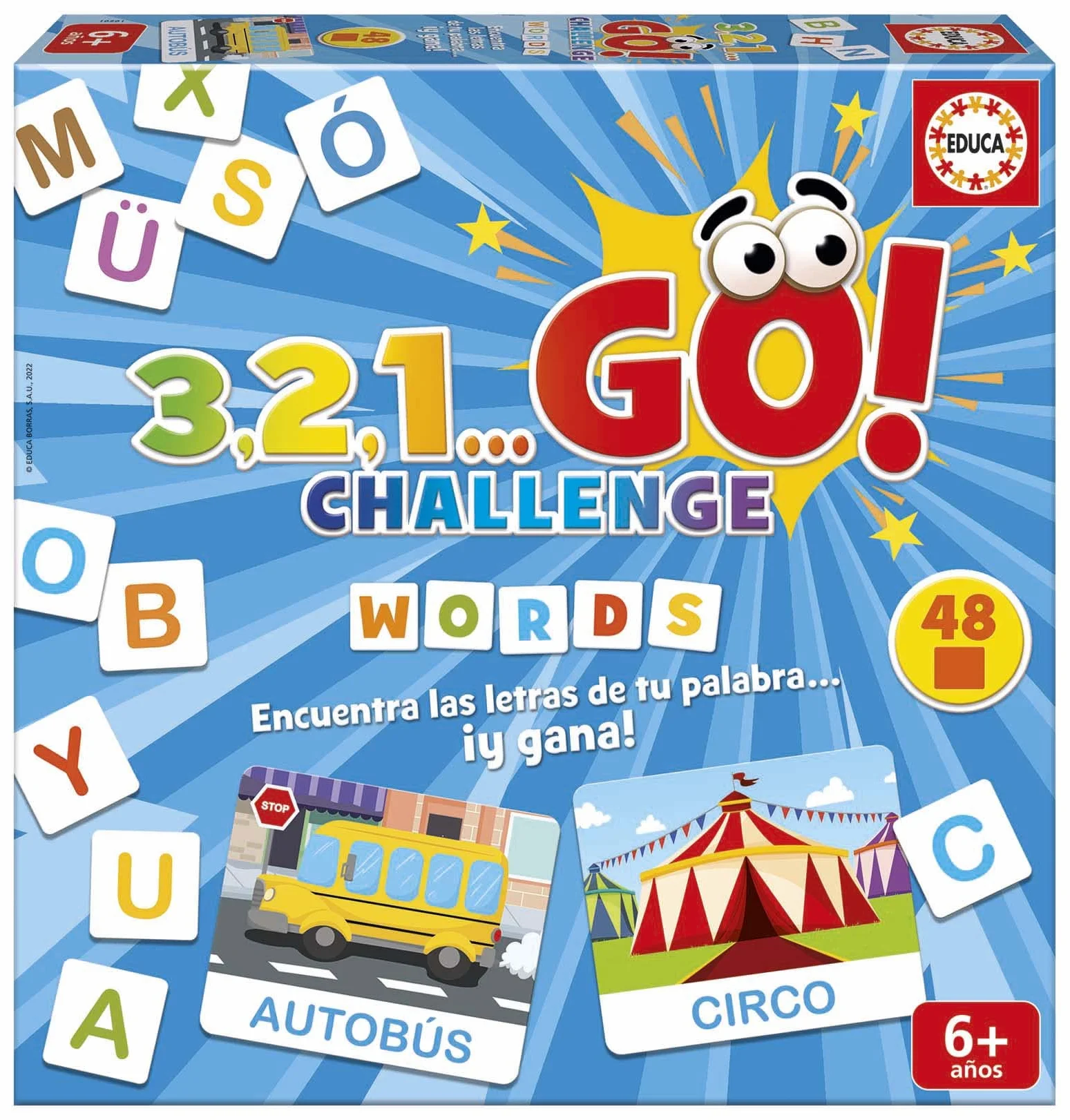 Educa 3,2,1, GO Challenge Words, Encuentra Las Letras de tu Palabra Antes Que Nadie con 48 Palabras y 150 Letras mayúsculas, De 2 a 5 Jugadores, A Partir de 6 años