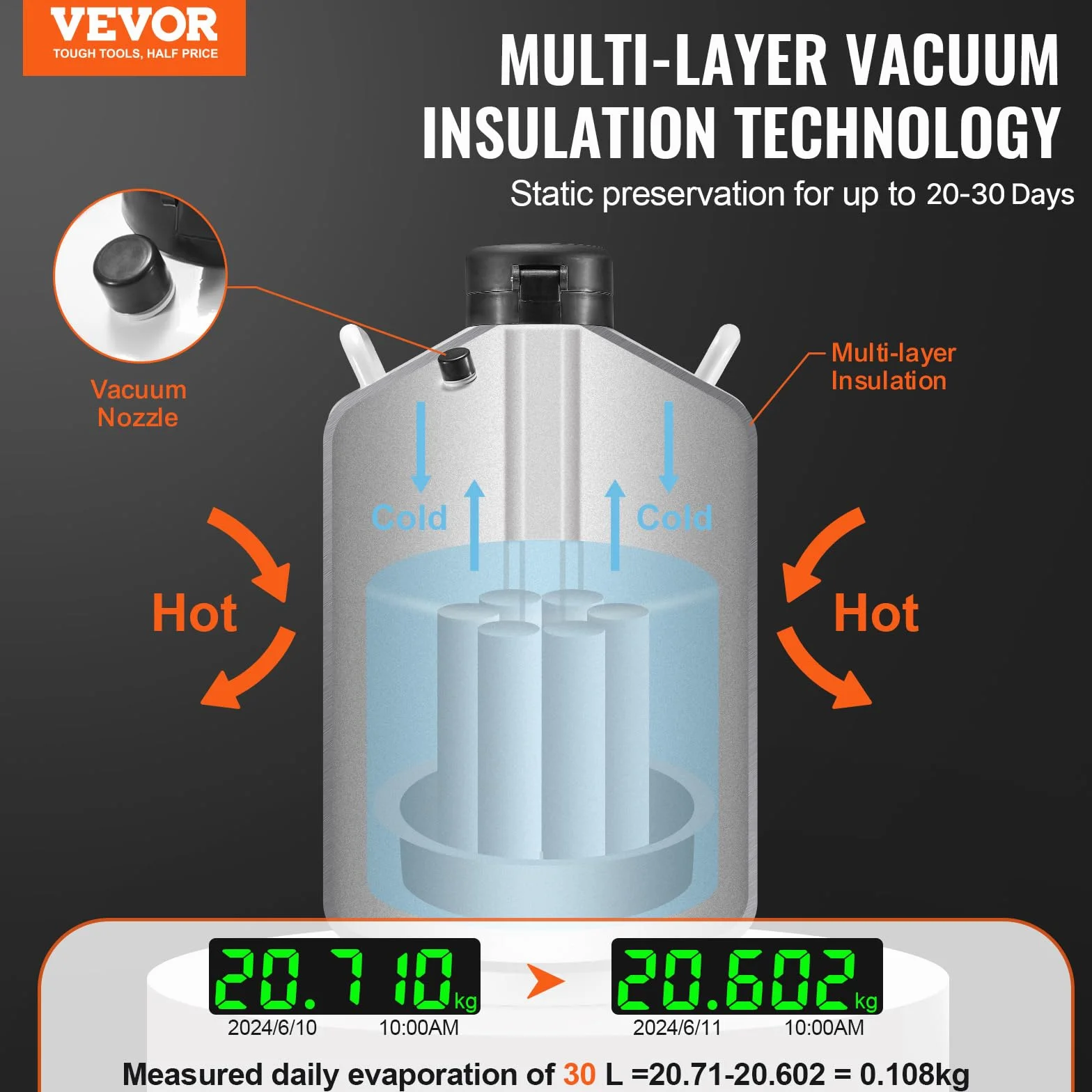VEVOR Tanque de Nitrógeno Líquido 30 L, Contenedor de Aleación de Aluminio con 6 Botes y Bolsa de Transporte