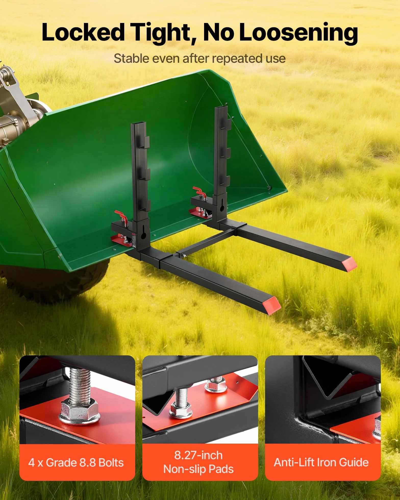 VEVOR Abrazadera de Horquillas de Tractor 1814 kg, Horquillas de Palé Longitud Total de 149 cm, con Barra Antivuelco y Barra Estabilizadora Ajustable, para Pala Cargadora, Minicargadora, Tractor