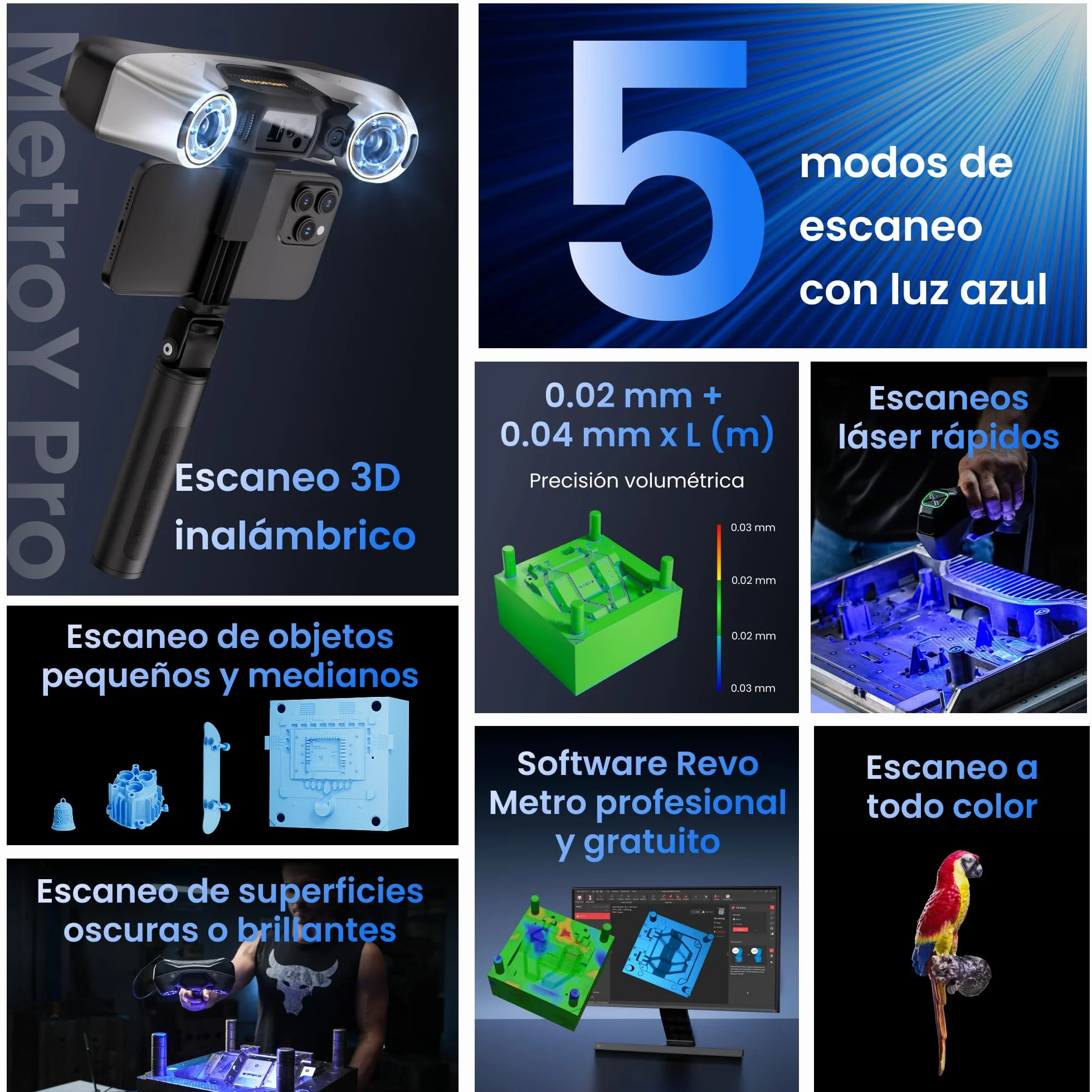 Revopoint MetroY Pro Escáner 3D para Impresión 3D, 5 Modos de Escaneo, Precisión hasta 0,01 mm, Escáner Portátil Láser Azul Industrial 34+15+1, Campo Completo de 62 Líneas, Vista Previa en Tiempo Real