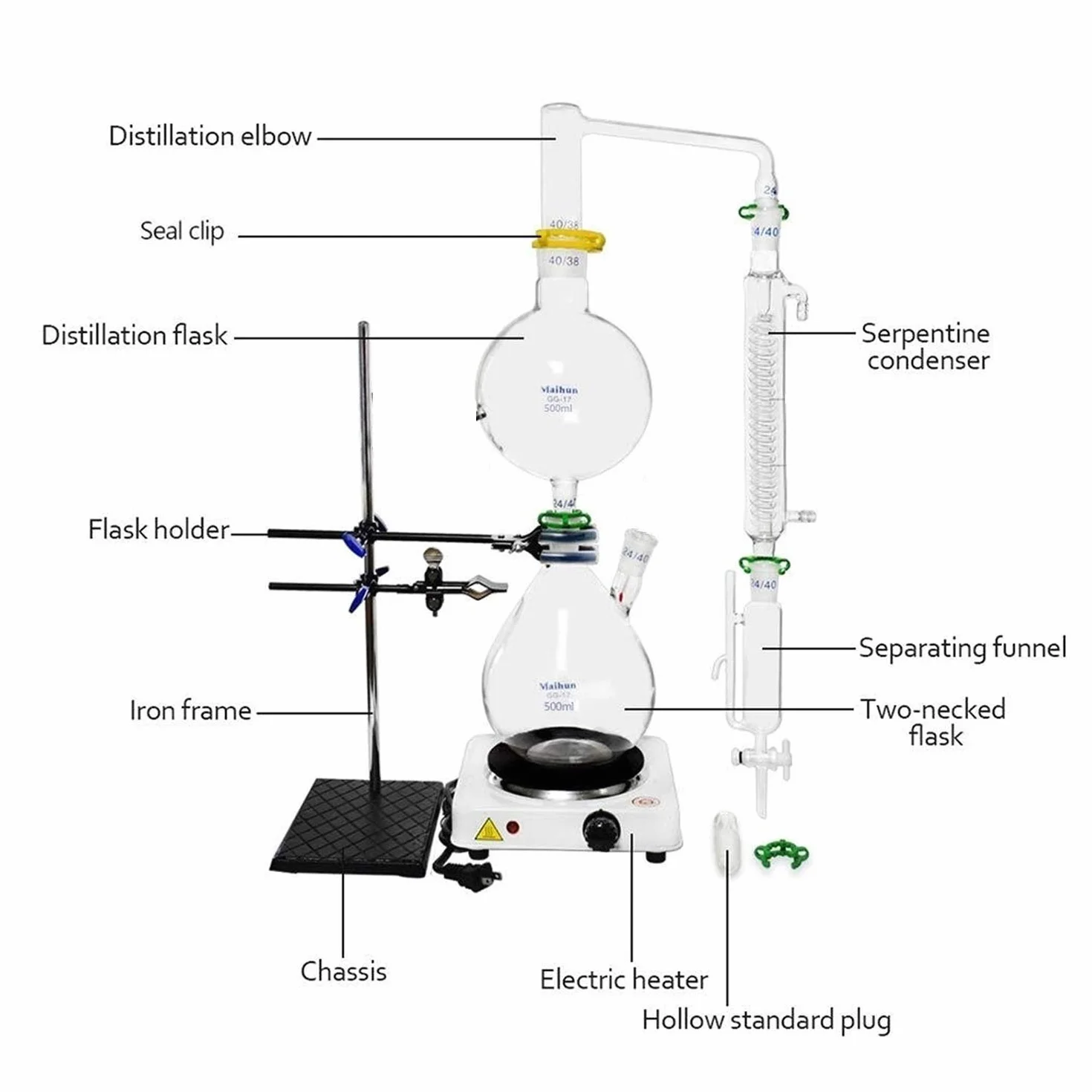 Aparato de destilación Kit destilador, Aparatos de extracción de aceites Esenciales de 2000 ml, Kit de Cristal de Cristal de destilación de Vapor de Vidrio con Estufa Caliente Graham Condensador