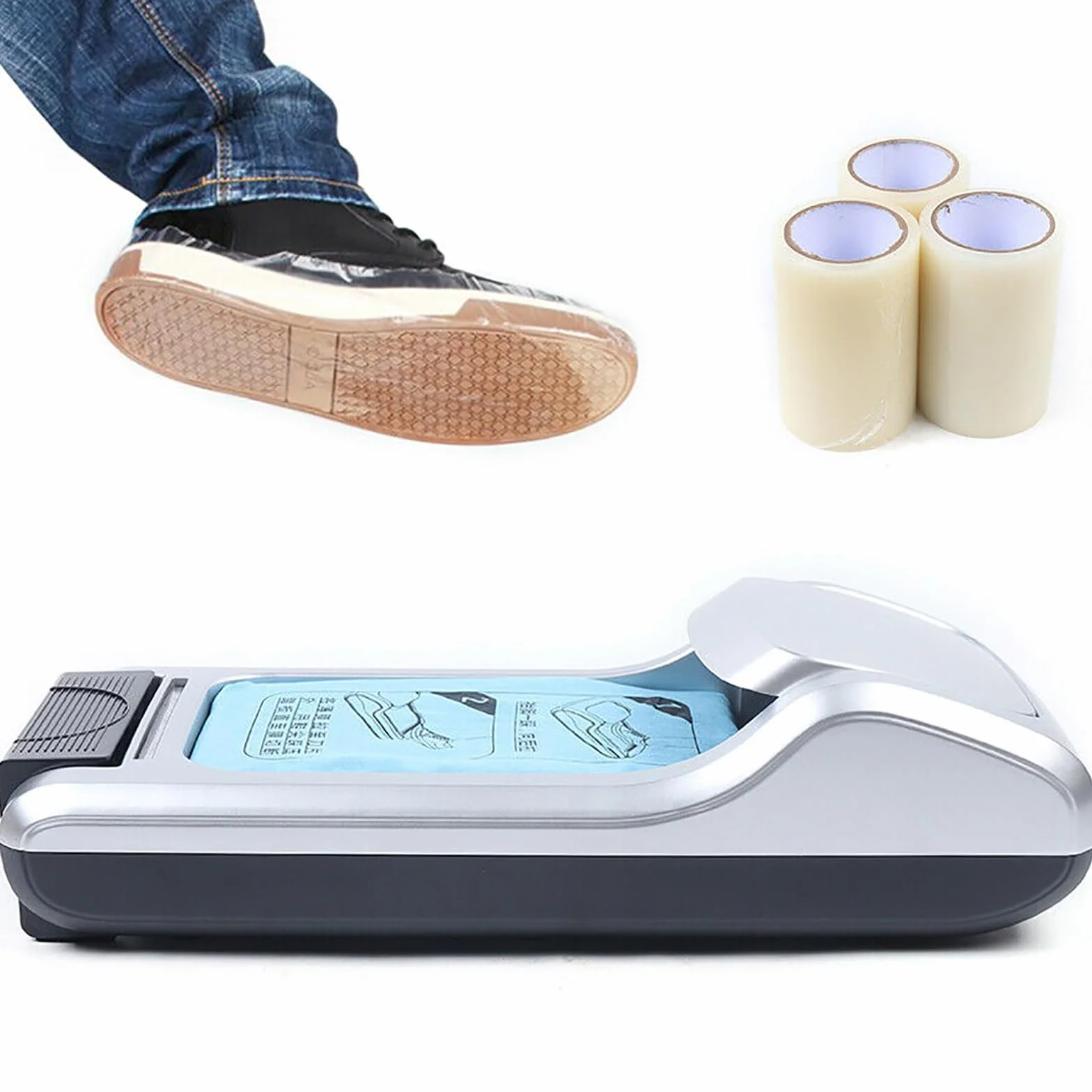 Dispensador automático de cubiertas de zapatos, máquina de envolver zapatos portátil con 3 rollos de película para el hogar, oficina, supermercado y fábrica, protege suelos y zapatos de la suciedad y