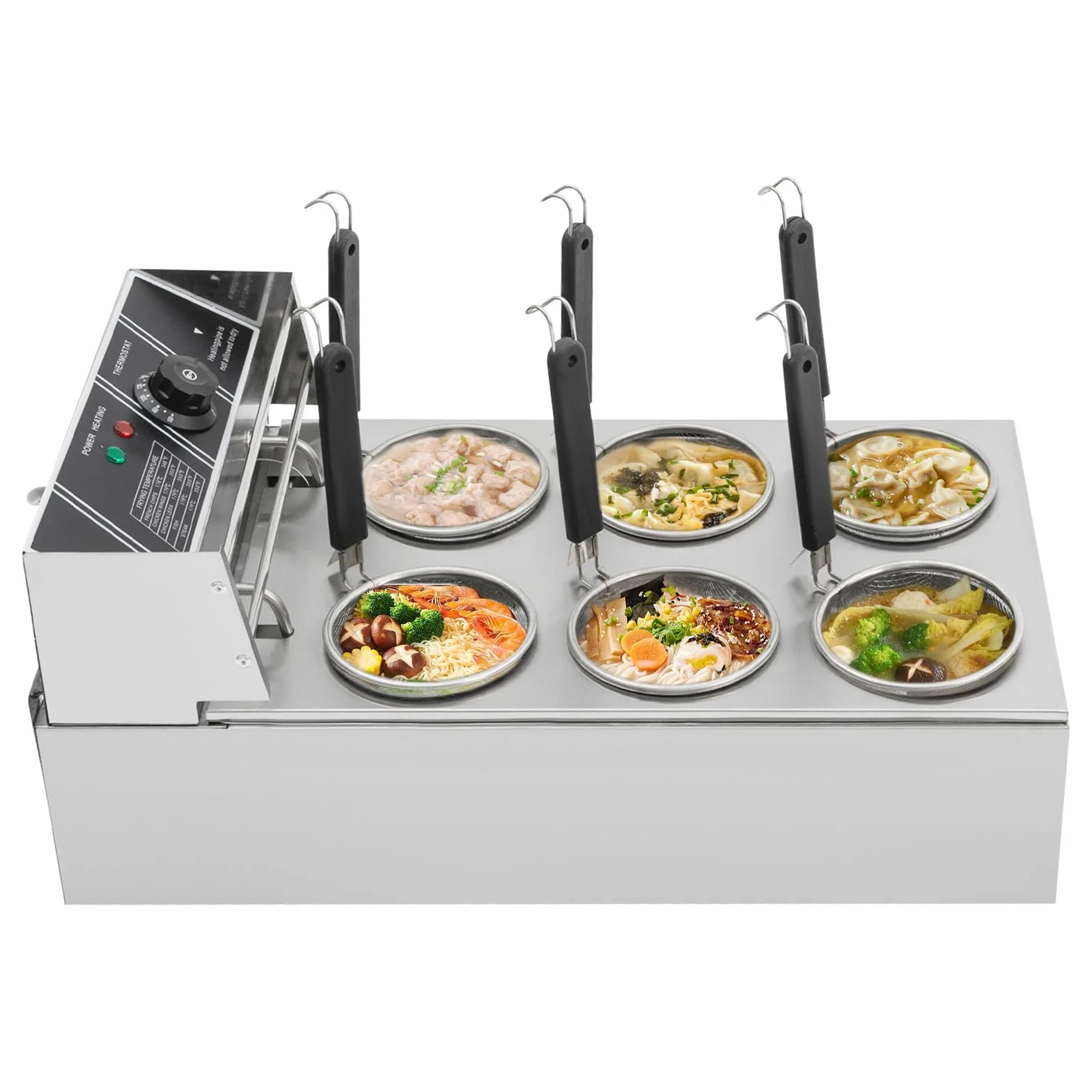 Hervidor de pasta eléctrico, 6 cestas, acero inoxidable, 2000 W, 20 L, calefacción rápida 60 – 200 °C, restaurante merienda, 6 ingredientes paralelos, 64 x 35 x 31 cm