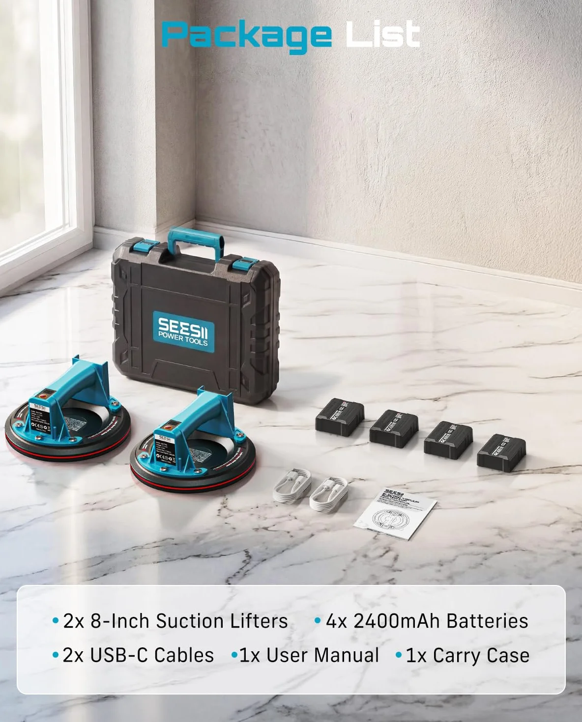 Seesii Ventosas Eléctricas para Cristal, 2 Piezas 200mm Ventosas de Vacío con 4x Baterías 2400mAh, Pantalla LCD, Carga Máx. 270 kg – Professional Ventosa para Azulejos, Madera, Pisos y Cargas Pesadas