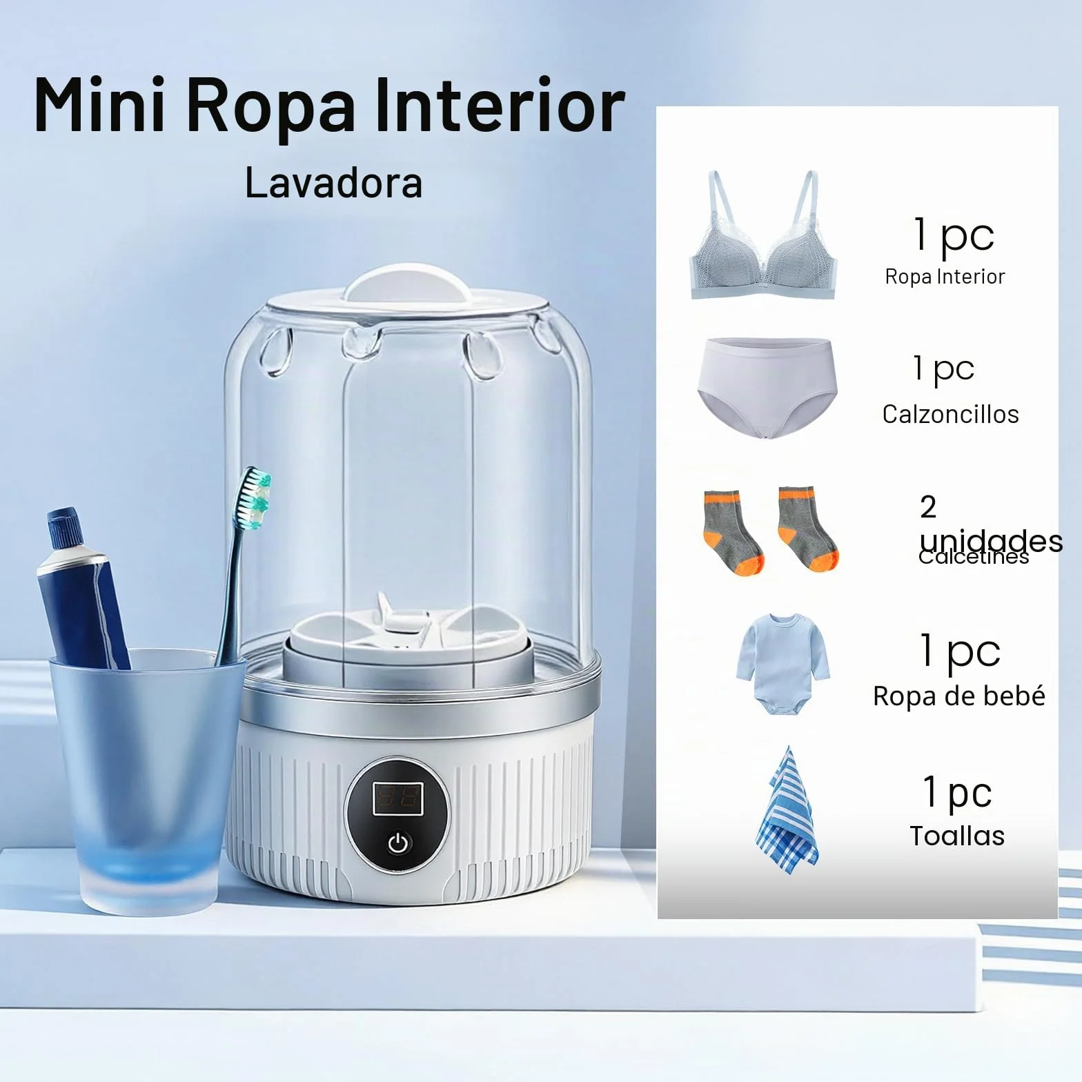 Lavadora mini portátil inalámbrica recargable, taza de lavandería para sujetador y ropa interior, calcetines blanco