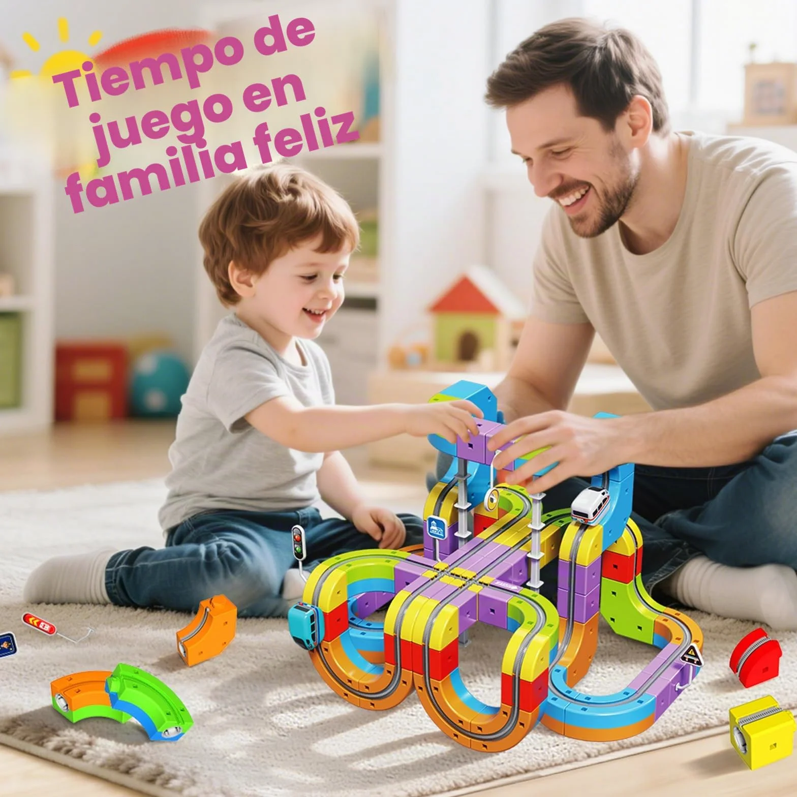 Goody King Tren Eléctrico Juguete 110 Piezas Vía Magnética con Señales de Tráfico DIY Pistas Cubos Magnéticos Regalo Niños 4-12 Años