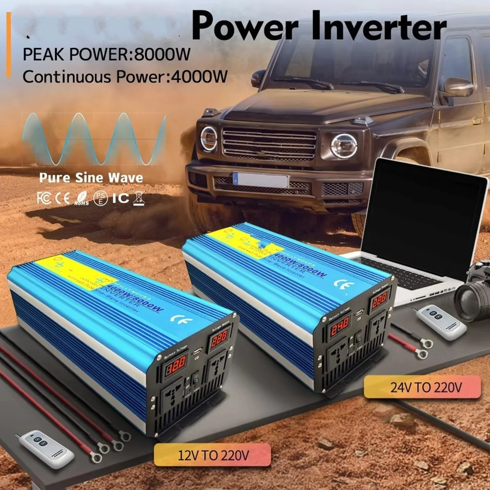 Inversor Inversor De Potencia Solar De Onda Sinusoidal Pura De 24V A 220V Convertidor Potente 60 Hz para Caravanas Y Camping Al Aire Libre(2000W Peak)