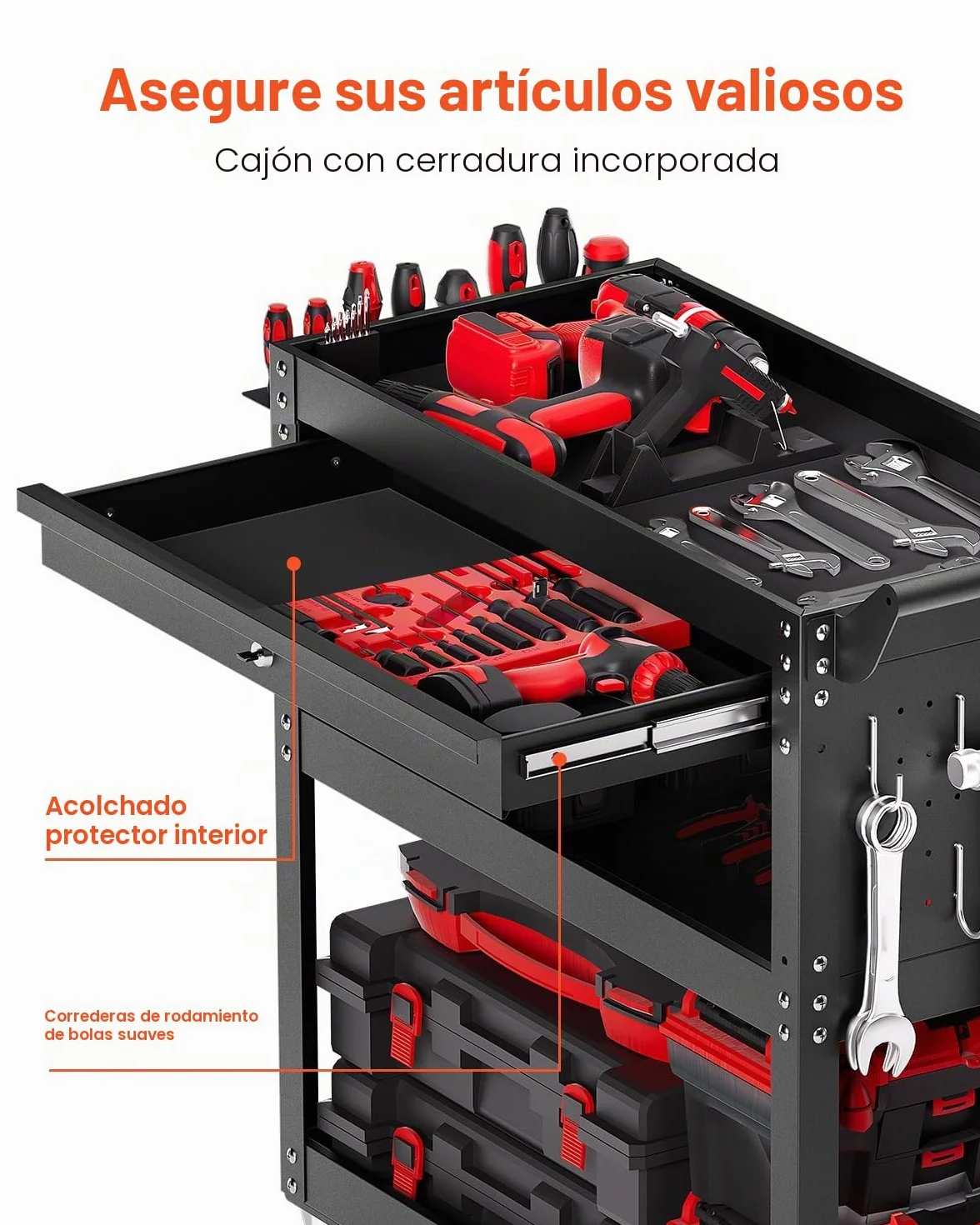 VEVOR Carro de Herramientas, Organizador de Herramientas para Mecánicos de 4 Niveles con Ruedas, Sistema de Bloqueo, Cajón y Tablero Perforado, Carga de 159 kg para Garaje, Almacén y Taller, Negro