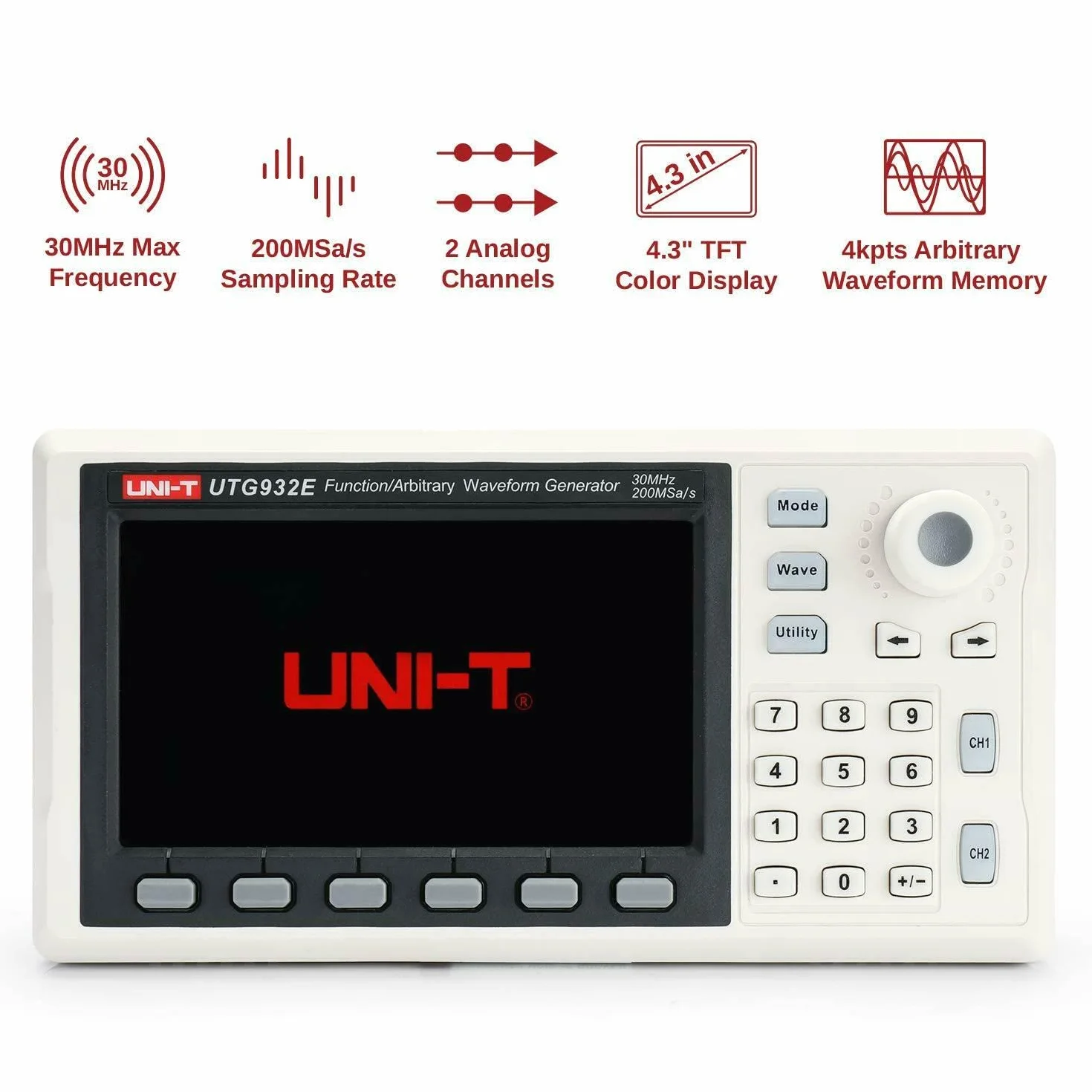 UNI-T Generador de funciones de 30 MHz, UTG932E, generador de forma de onda arbitraria, 2 canales, 200 MSa/s, resolución vertical de 14 bits, enchufe europeo