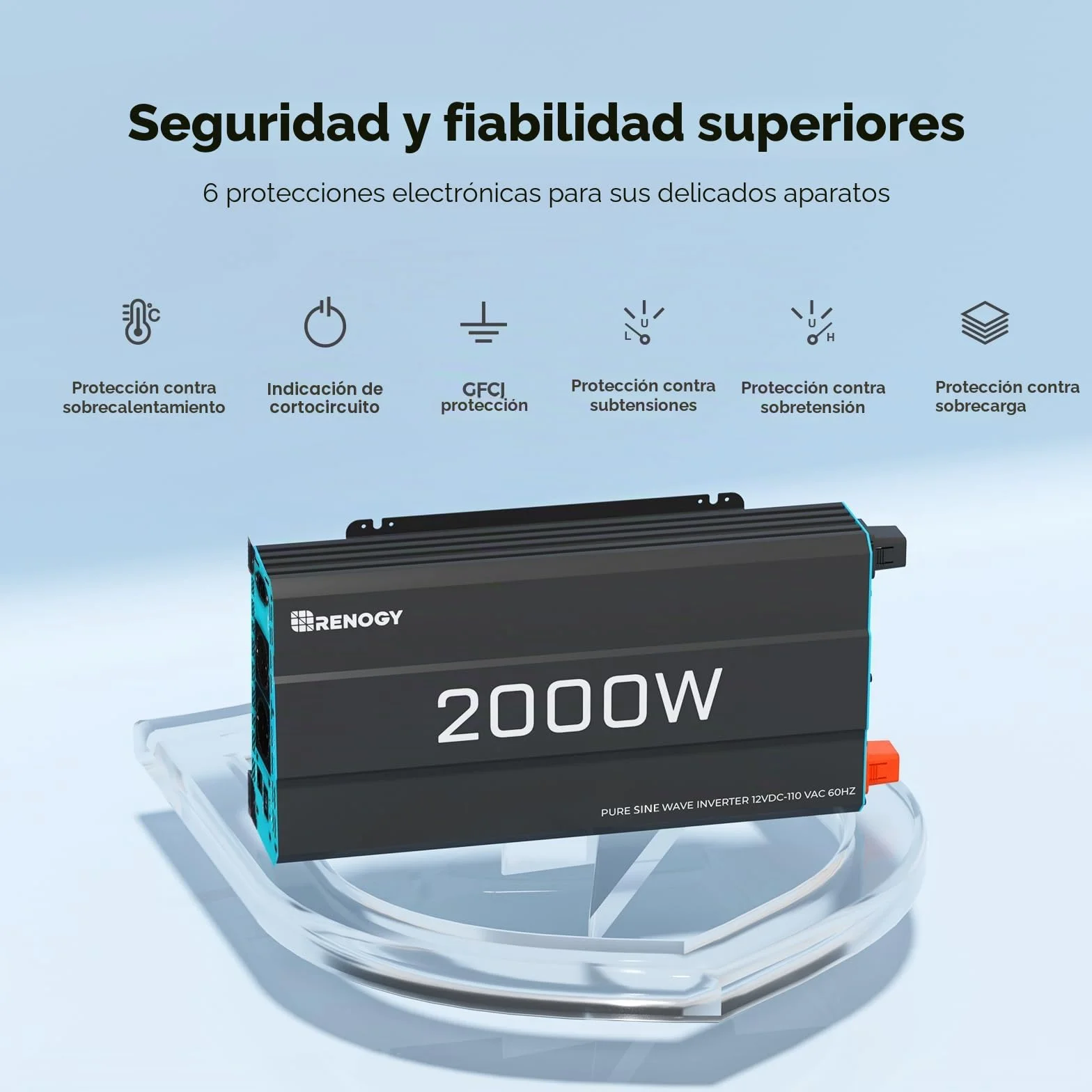 Renogy Inversor 12V 220V Onda Pura 2000W/4000W Convertidor DC AC con Mando a Distancia 2 Tomas UE