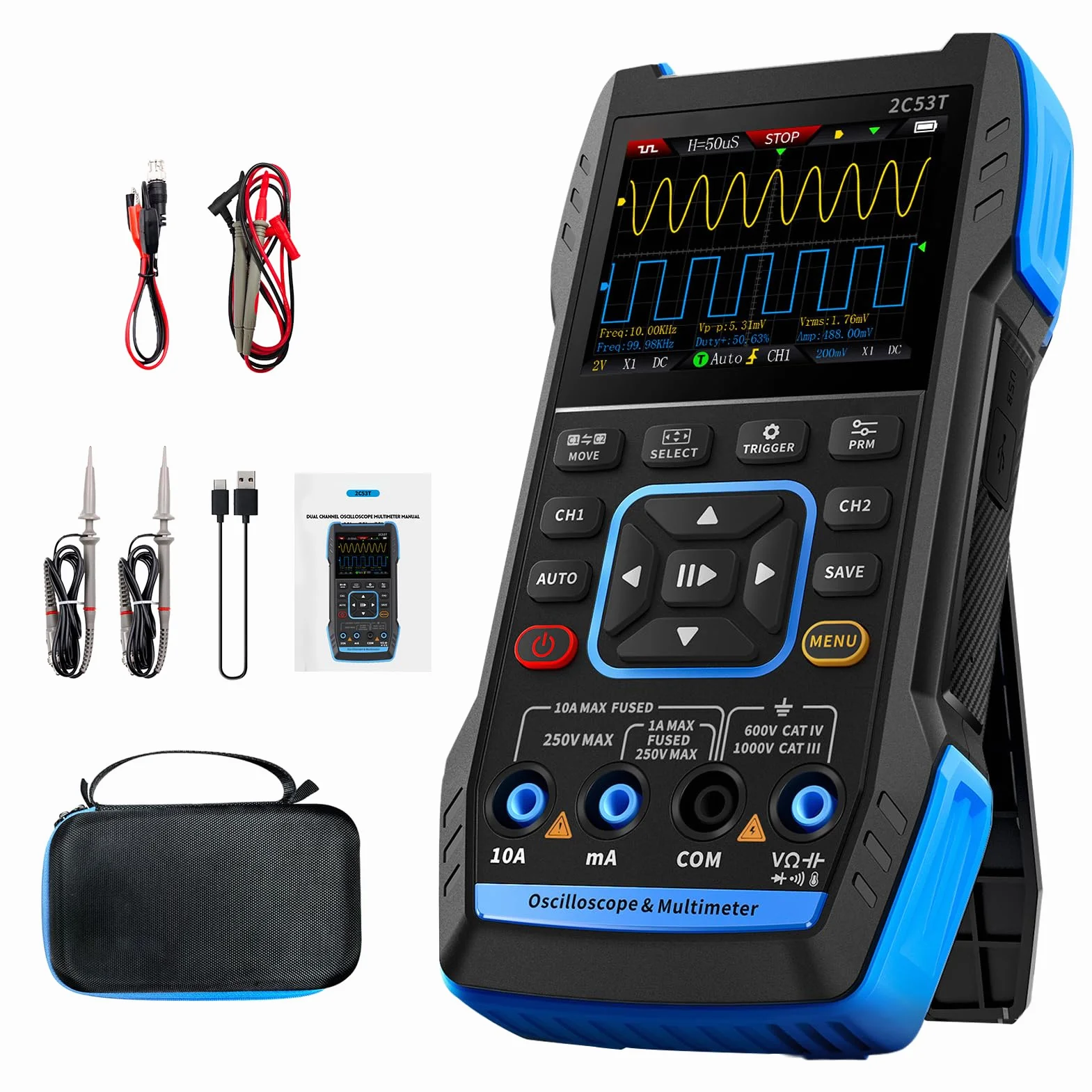 Osciloscopio MultíMetro De 2 Canales, 3 En 1, Osciloscopio Digital PortáTil, Ancho De Banda De 50 Mhz Y Frecuencia De Muestreo De 250 Ms/S, Con Usb Tipo C Y Pantalla Lcd